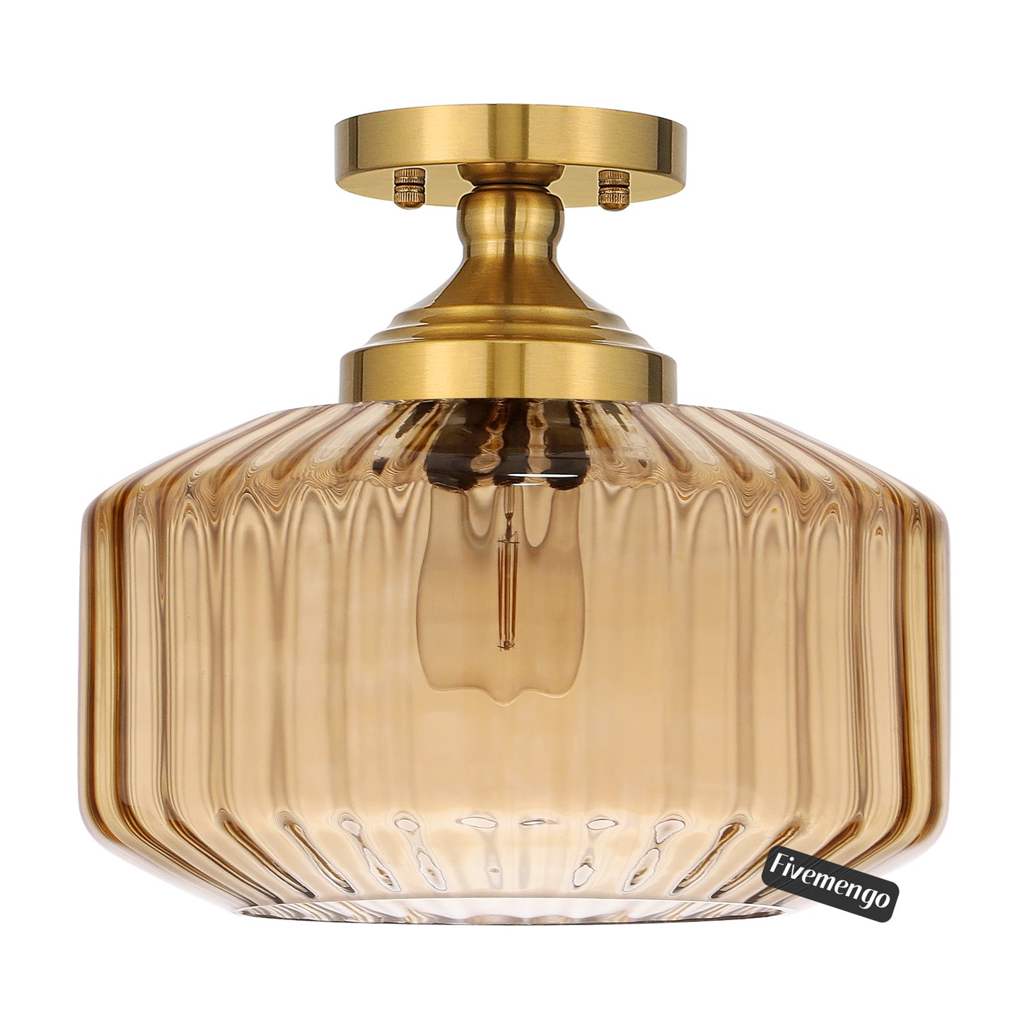 Fivemengo 11.8in Semi Flush Mount Ceiling Light Fixture, Vintage Striated Glass Kitchen Lighting Fixtures Ceiling Mount for Entryway Hallway Bedroom Dining Room Bathroom Foyer Laundry (Amber)