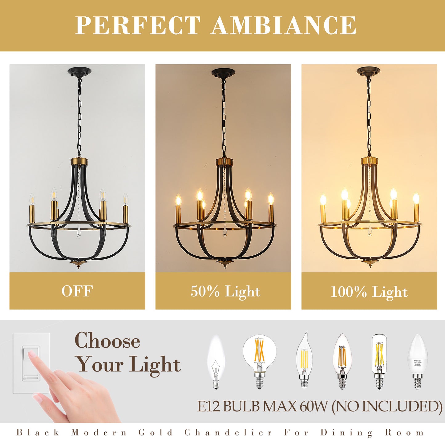 Fivemengo Black Gold Chandelier 23.6in 6 Lights Dining Room Fixture Farmhouse Candle Chandilers Handging Lighting for Living Room Kitchen Entryway Foyer E12 Base