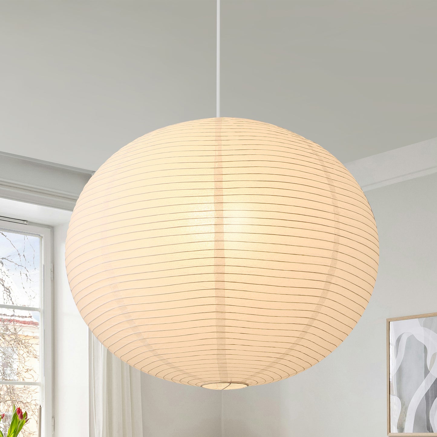 Fivemengo Large Rice Paper Pendant Light, 23.6in White Globe Paper Lantern Lights, E26 Base, Japanese Hanging Lantern Lamp Japandi Chandelier for Dining Room Bedroom Office Living Room