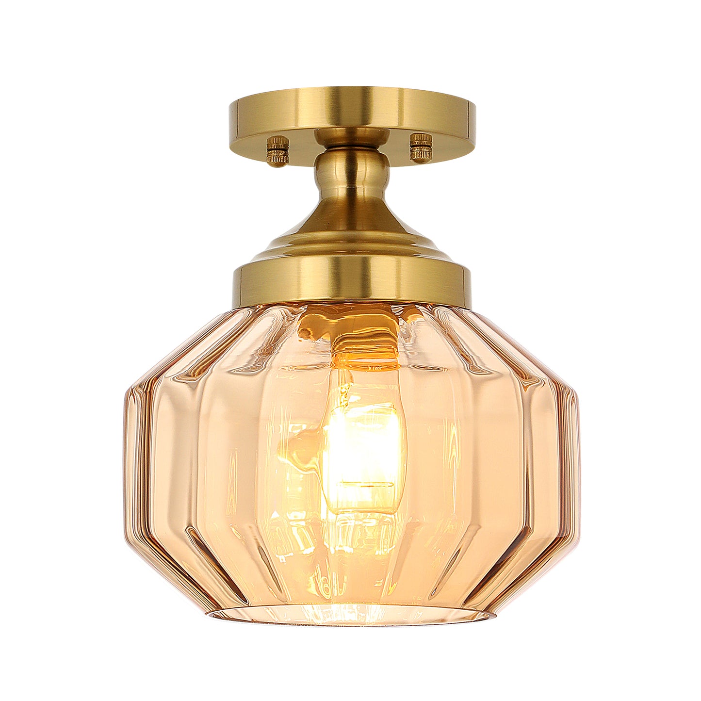 Fivemengo 9in Semi Flush Mount Ceiling Light Fixture, Small Vintage Striated Glass Kitchen Lighting Fixtures Ceiling Mount for Entryway Hallway Bedroom Dining Room Bathroom Foyer Laundry (Amber)