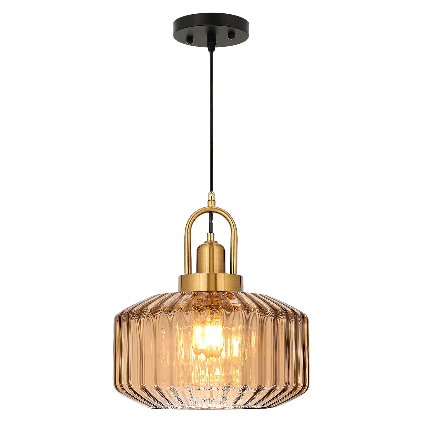 Fivemengo 11.8in Mid Century Modern Amber Glass Pendant Light Fixture Large Gold Globe Kitchen Island Pendant Light with Hand Blown Glass Ceiling Hanging Lamp for Foyer Dining Room Bedroom Entryway