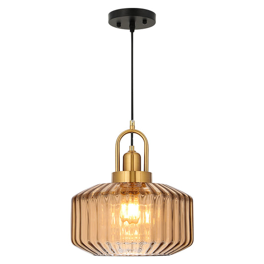 Fivemengo 11.8in Mid Century Modern Amber Glass Pendant Light Fixture Large Gold Globe Kitchen Island Pendant Light with Hand Blown Glass Ceiling Hanging Lamp for Foyer Dining Room Bedroom Entryway