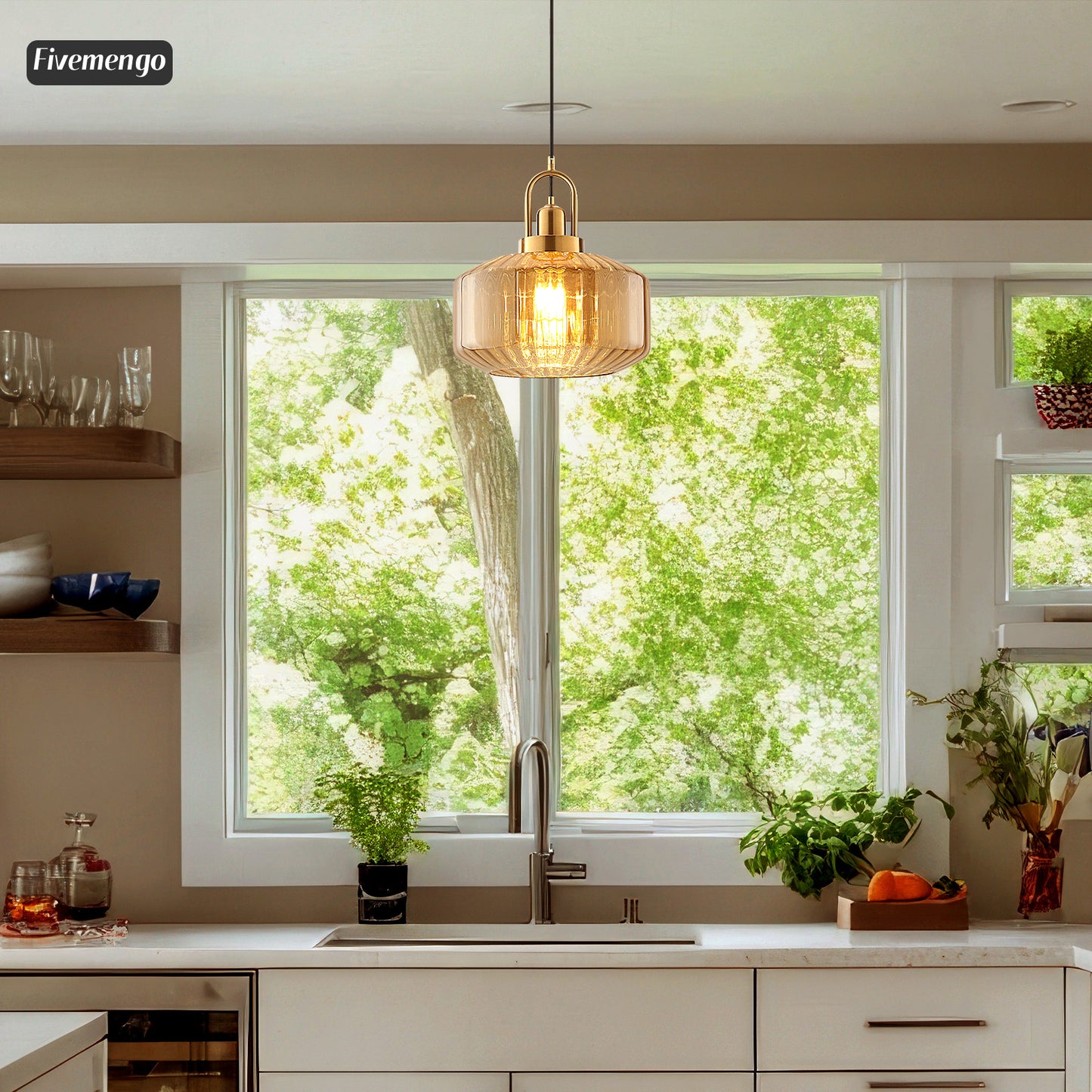 Fivemengo 11.8in Mid Century Modern Amber Glass Pendant Light Fixture Large Gold Globe Kitchen Island Pendant Light with Hand Blown Glass Ceiling Hanging Lamp for Foyer Dining Room Bedroom Entryway