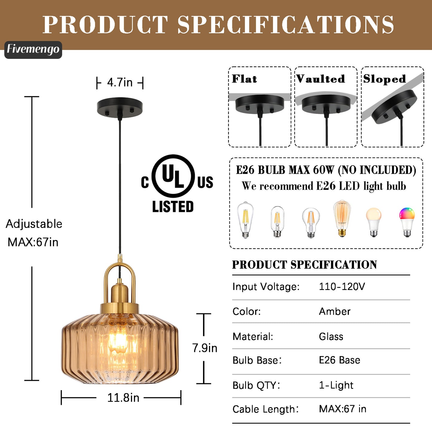 Fivemengo 11.8in Mid Century Modern Amber Glass Pendant Light Fixture Large Gold Globe Kitchen Island Pendant Light with Hand Blown Glass Ceiling Hanging Lamp for Foyer Dining Room Bedroom Entryway