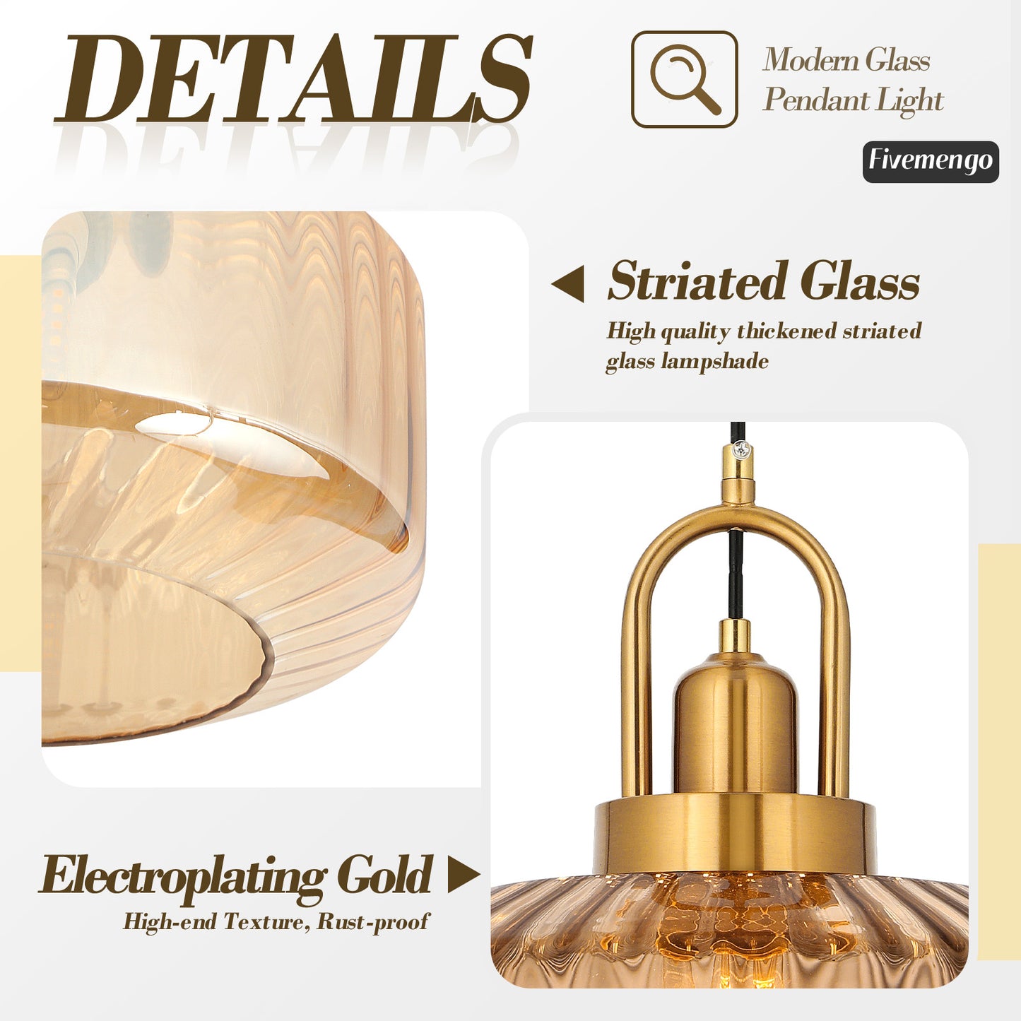 Fivemengo 11.8in Mid Century Modern Amber Glass Pendant Light Fixture Large Gold Globe Kitchen Island Pendant Light with Hand Blown Glass Ceiling Hanging Lamp for Foyer Dining Room Bedroom Entryway