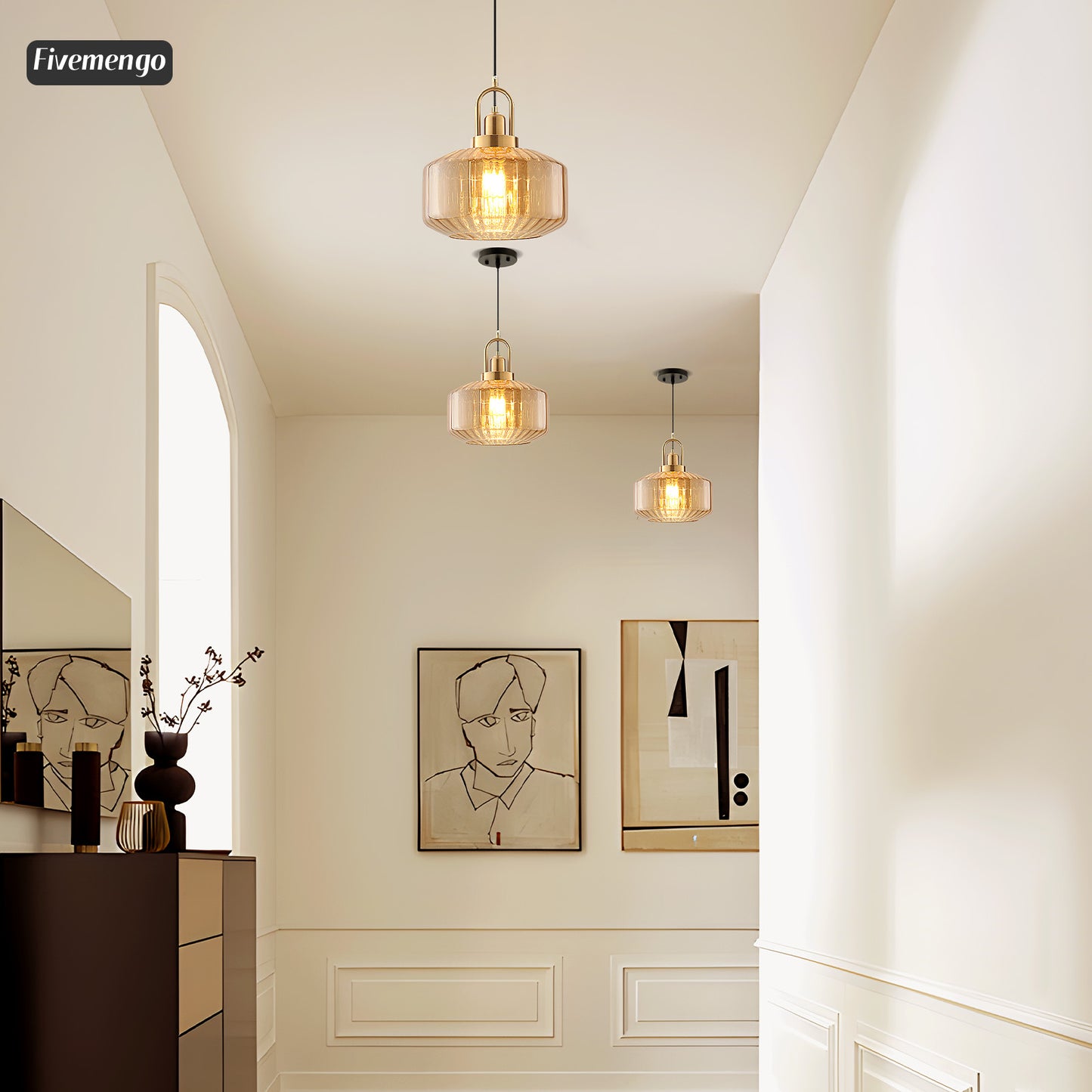 Fivemengo 11.8in Mid Century Modern Amber Glass Pendant Light Fixture Large Gold Globe Kitchen Island Pendant Light with Hand Blown Glass Ceiling Hanging Lamp for Foyer Dining Room Bedroom Entryway