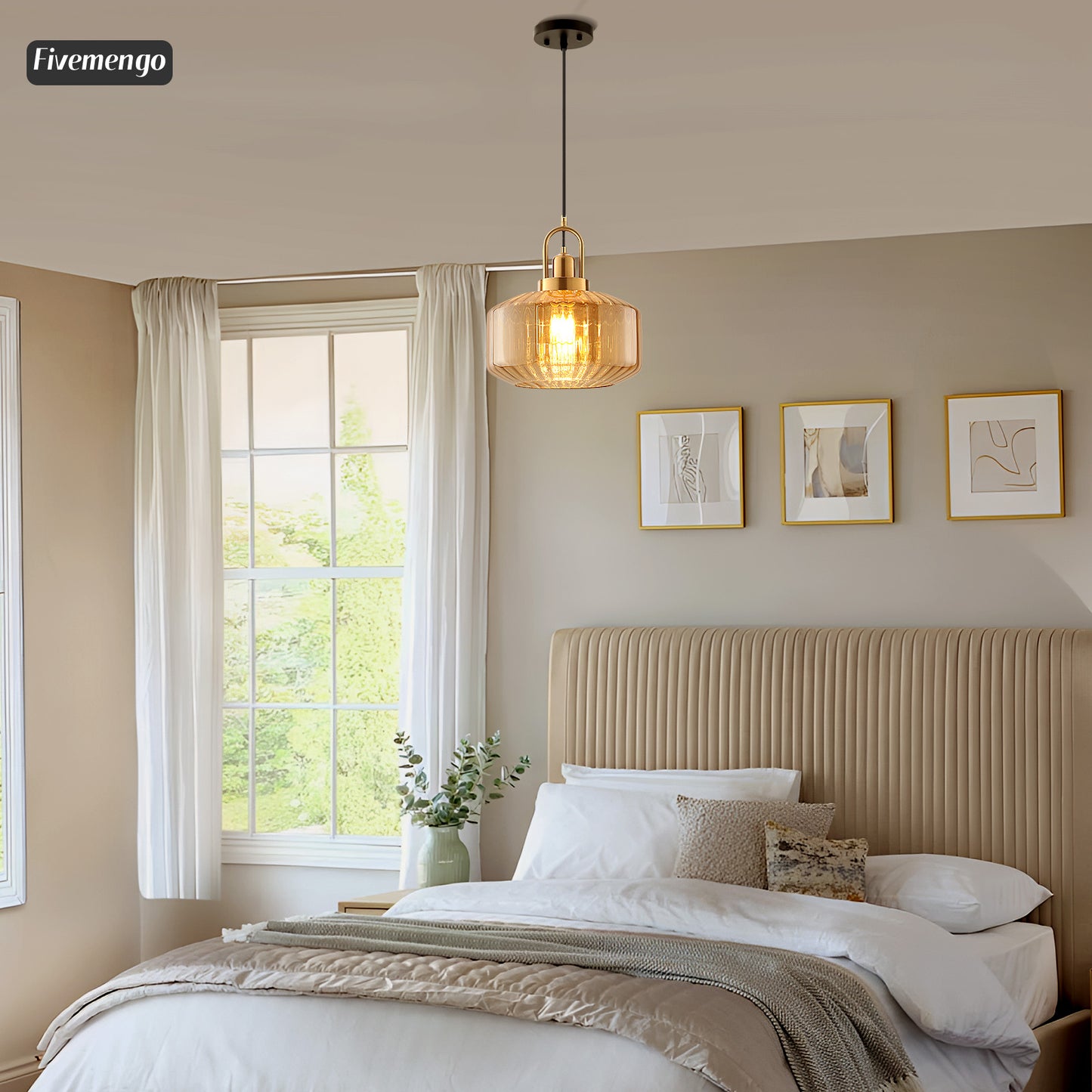 Fivemengo 11.8in Mid Century Modern Amber Glass Pendant Light Fixture Large Gold Globe Kitchen Island Pendant Light with Hand Blown Glass Ceiling Hanging Lamp for Foyer Dining Room Bedroom Entryway