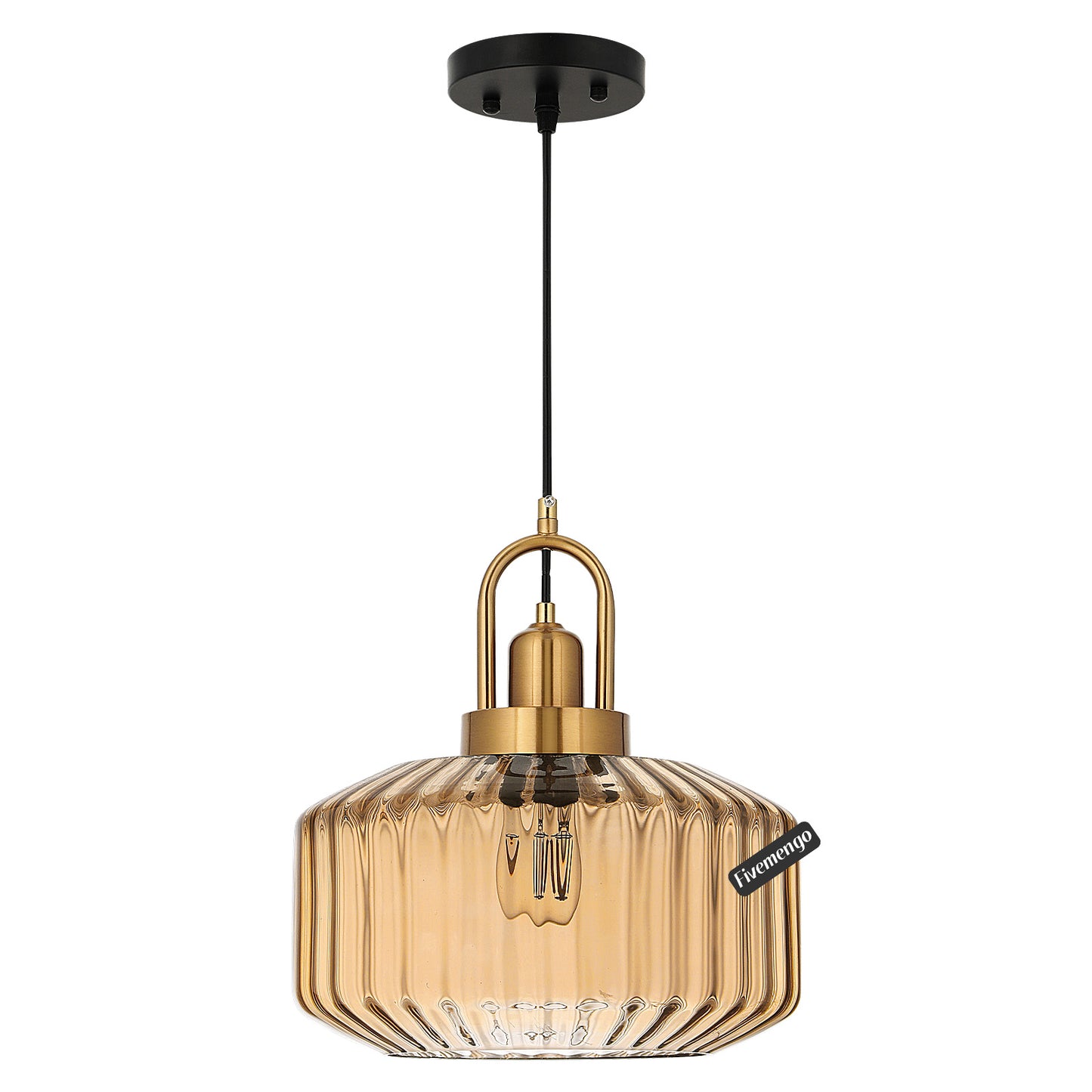 Fivemengo 11.8in Mid Century Modern Amber Glass Pendant Light Fixture Large Gold Globe Kitchen Island Pendant Light with Hand Blown Glass Ceiling Hanging Lamp for Foyer Dining Room Bedroom Entryway