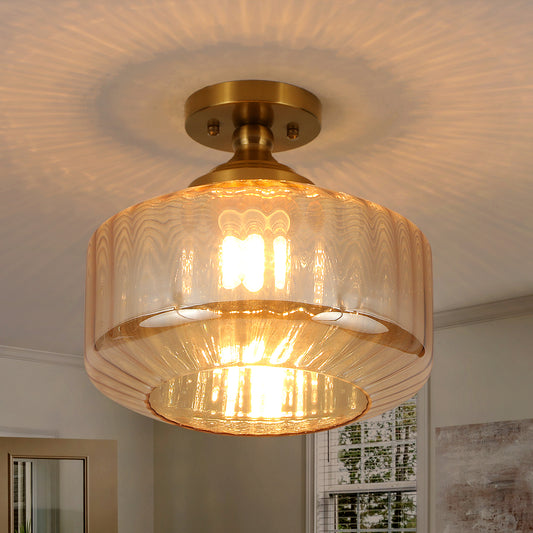 Fivemengo 11.8in Semi Flush Mount Ceiling Light Fixture, Vintage Striated Glass Kitchen Lighting Fixtures Ceiling Mount for Entryway Hallway Bedroom Dining Room Bathroom Foyer Laundry (Amber)