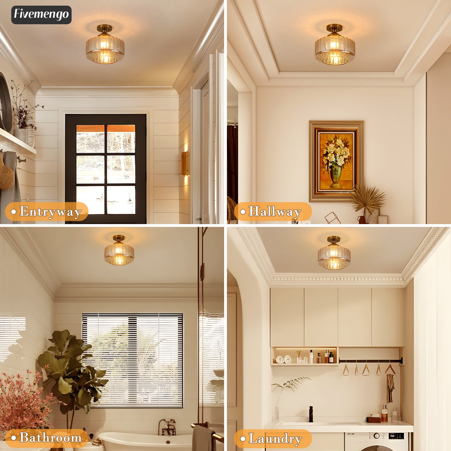 Fivemengo 11.8in Semi Flush Mount Ceiling Light Fixture, Vintage Striated Glass Kitchen Lighting Fixtures Ceiling Mount for Entryway Hallway Bedroom Dining Room Bathroom Foyer Laundry (Amber)