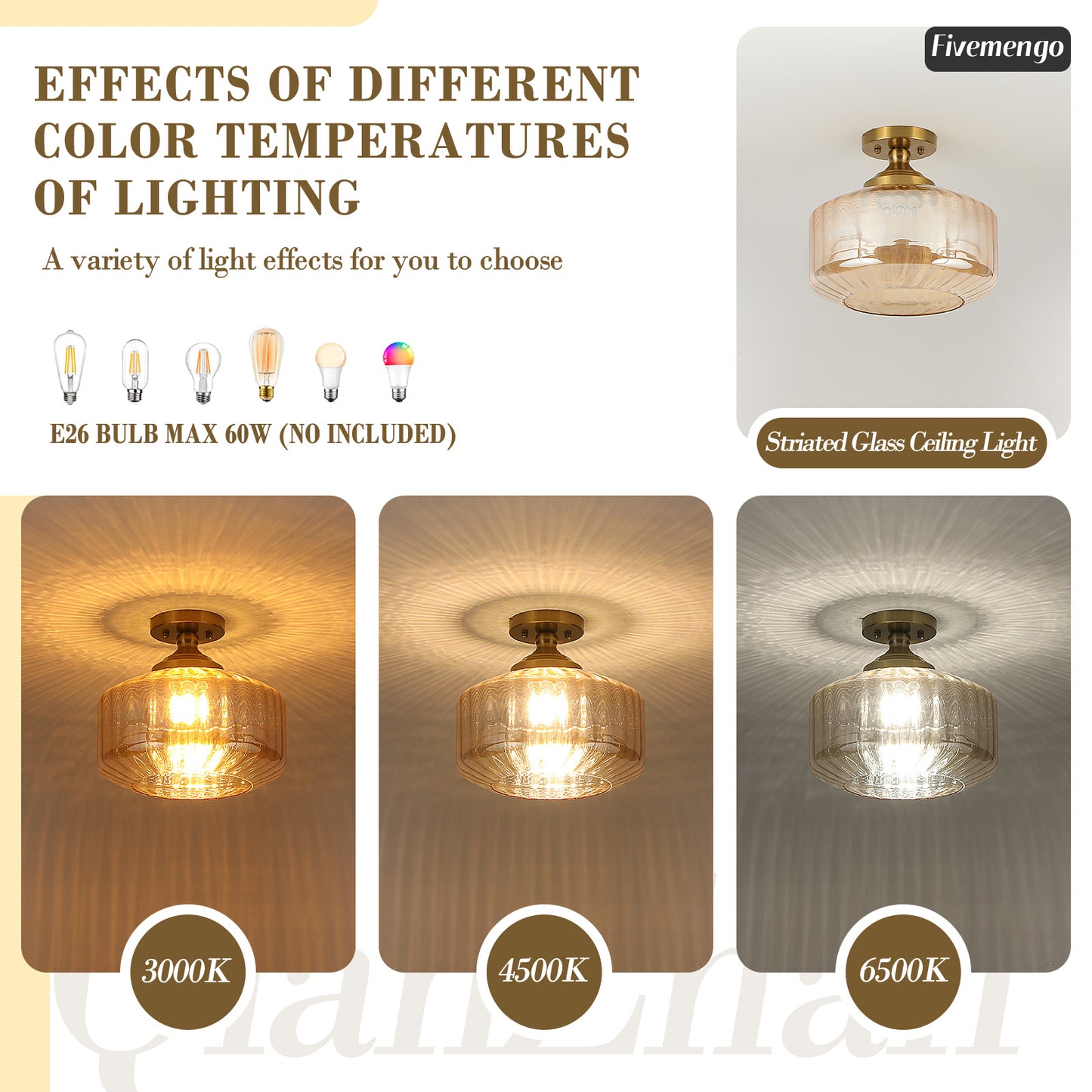 Fivemengo 11.8in Semi Flush Mount Ceiling Light Fixture, Vintage Striated Glass Kitchen Lighting Fixtures Ceiling Mount for Entryway Hallway Bedroom Dining Room Bathroom Foyer Laundry (Amber)