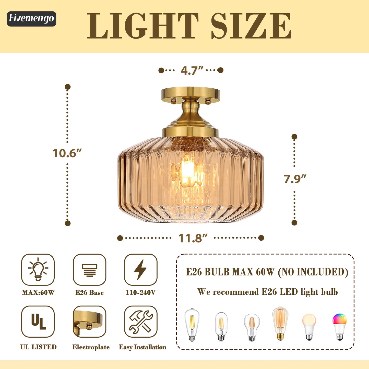 Fivemengo 11.8in Semi Flush Mount Ceiling Light Fixture, Vintage Striated Glass Kitchen Lighting Fixtures Ceiling Mount for Entryway Hallway Bedroom Dining Room Bathroom Foyer Laundry (Amber)