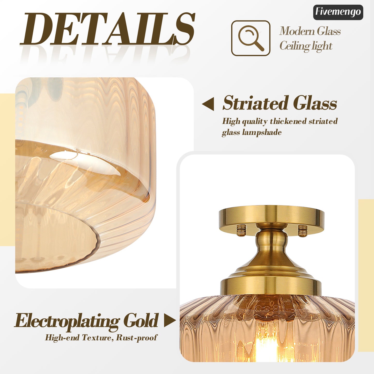 Fivemengo 11.8in Semi Flush Mount Ceiling Light Fixture, Vintage Striated Glass Kitchen Lighting Fixtures Ceiling Mount for Entryway Hallway Bedroom Dining Room Bathroom Foyer Laundry (Amber)