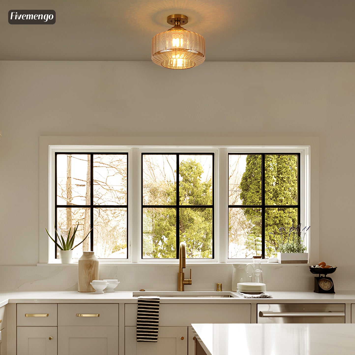 Fivemengo 11.8in Semi Flush Mount Ceiling Light Fixture, Vintage Striated Glass Kitchen Lighting Fixtures Ceiling Mount for Entryway Hallway Bedroom Dining Room Bathroom Foyer Laundry (Amber)