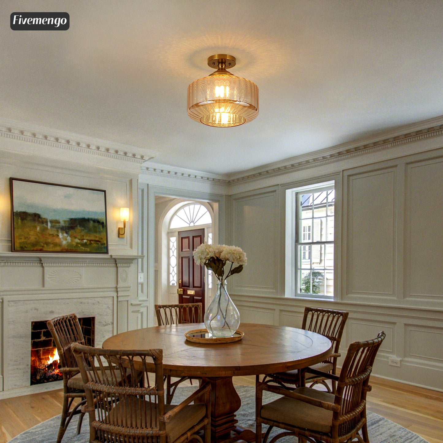 Fivemengo 11.8in Semi Flush Mount Ceiling Light Fixture, Vintage Striated Glass Kitchen Lighting Fixtures Ceiling Mount for Entryway Hallway Bedroom Dining Room Bathroom Foyer Laundry (Amber)