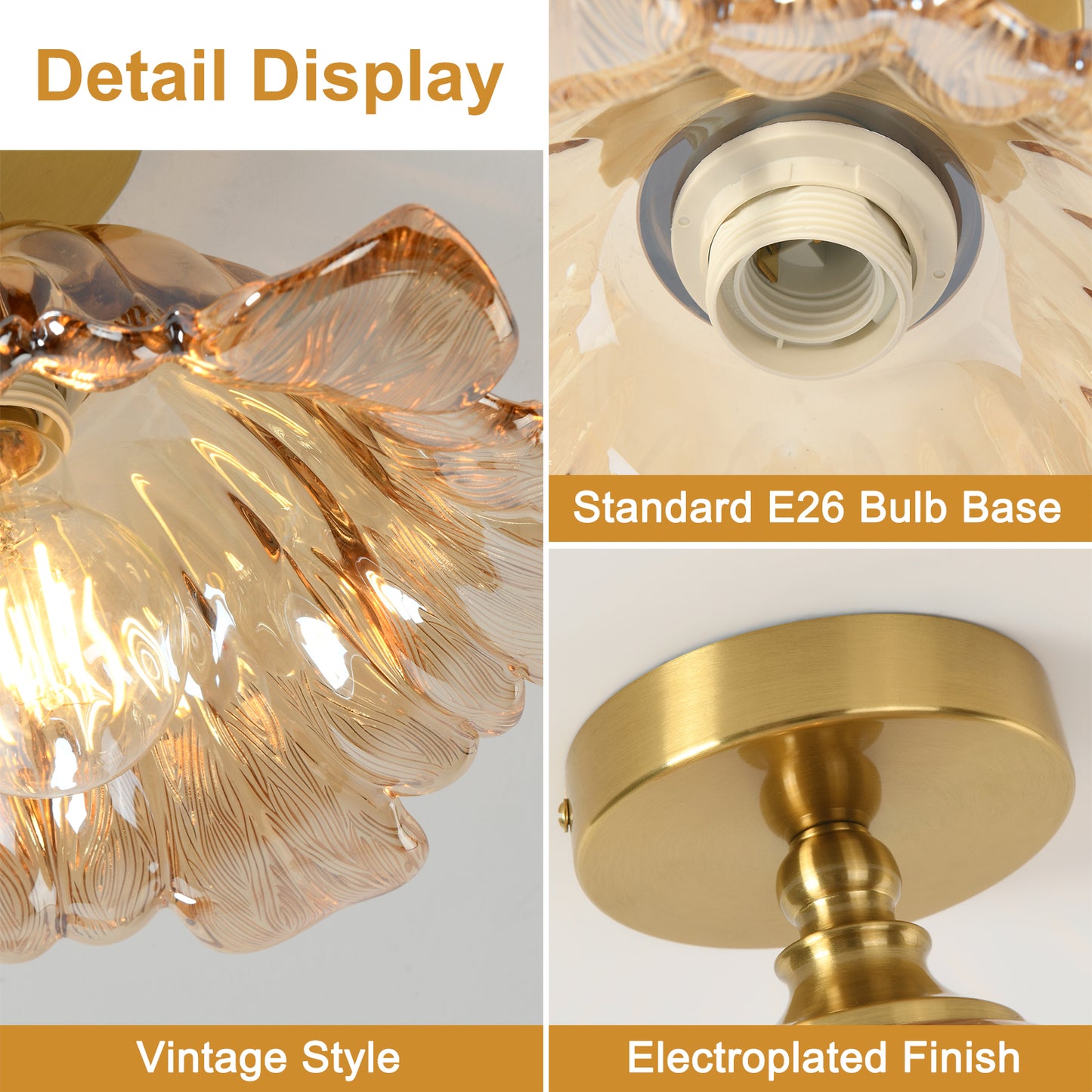 Pandaluna Semi Flush Mount Ceiling Light Fixture, 11in Amber Glass Vintage Light Fixtures Ceiling for Hallway Kitchen Foyer Entryway Bedroom, E26 Base