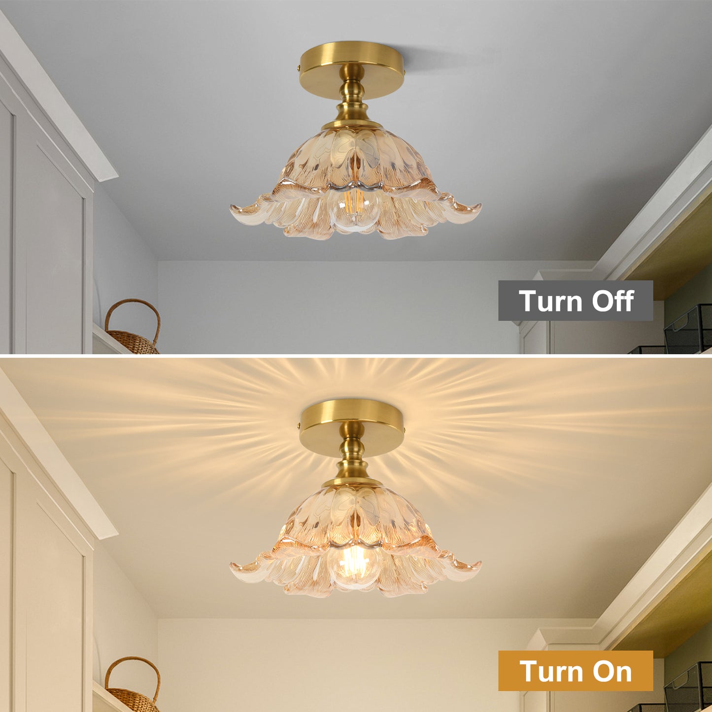 Pandaluna Semi Flush Mount Ceiling Light Fixture, 11in Amber Glass Vintage Light Fixtures Ceiling for Hallway Kitchen Foyer Entryway Bedroom, E26 Base