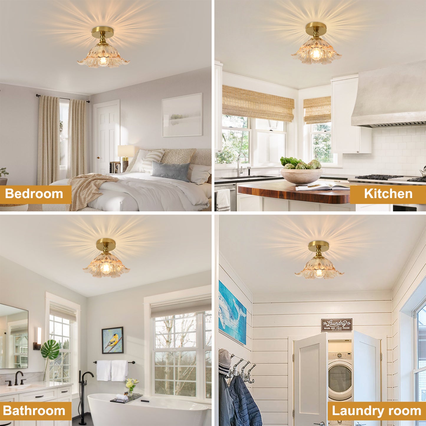 Pandaluna Semi Flush Mount Ceiling Light Fixture, 11in Amber Glass Vintage Light Fixtures Ceiling for Hallway Kitchen Foyer Entryway Bedroom, E26 Base