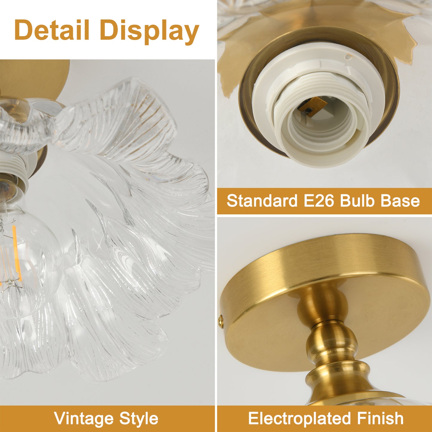 Pandaluna Semi Flush Mount Ceiling Light Fixture, 11in Clear Glass Vintage Light Fixtures Ceiling for Hallway Kitchen Foyer Entryway Bedroom, E26 Base