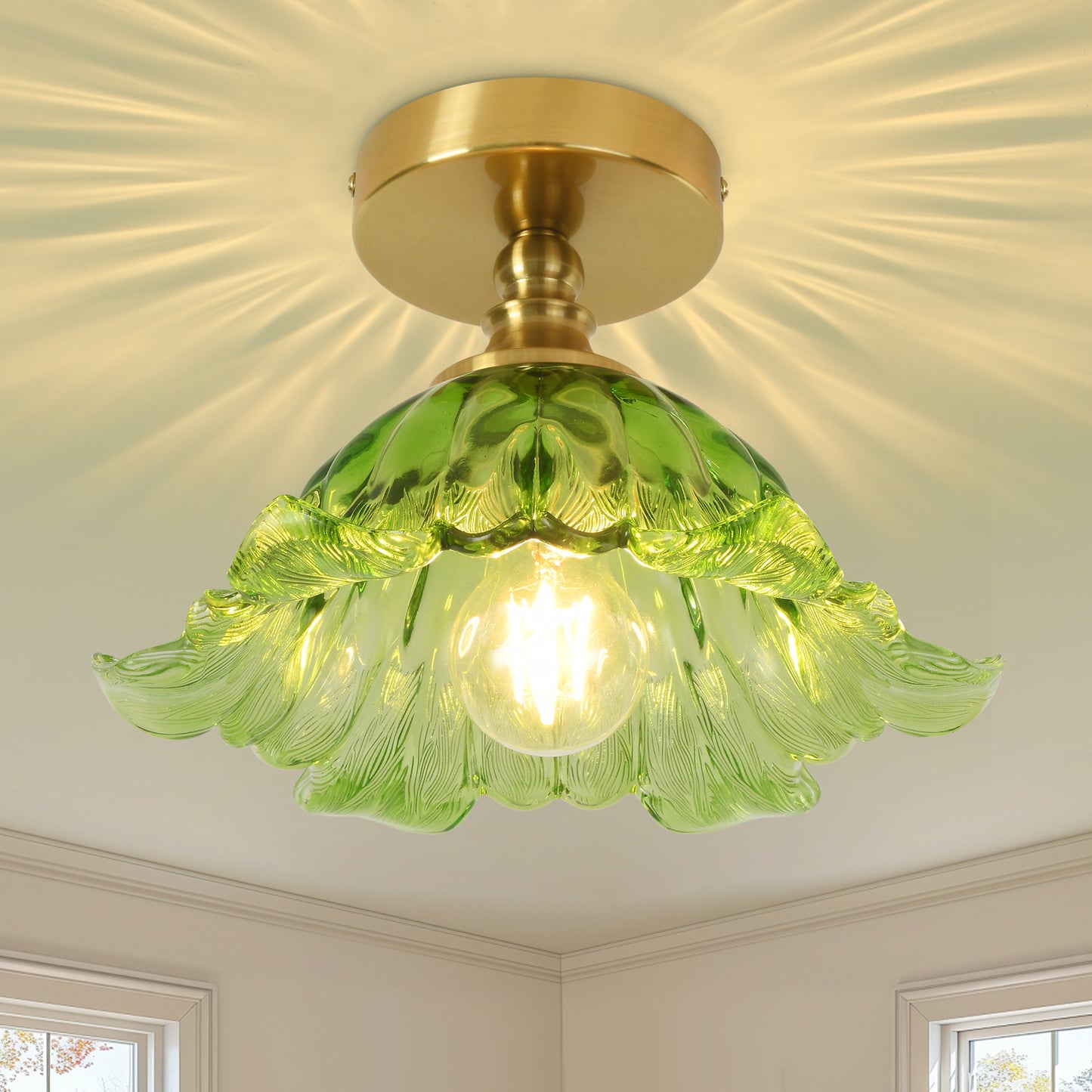 Pandaluna  关联视频下载 主图换背景 Semi Flush Mount Ceiling Light Fixture, 11in Green Glass Vintage Light Fixtures Ceiling for Hallway Kitchen Foyer Entryway Bedroom, E26 Base