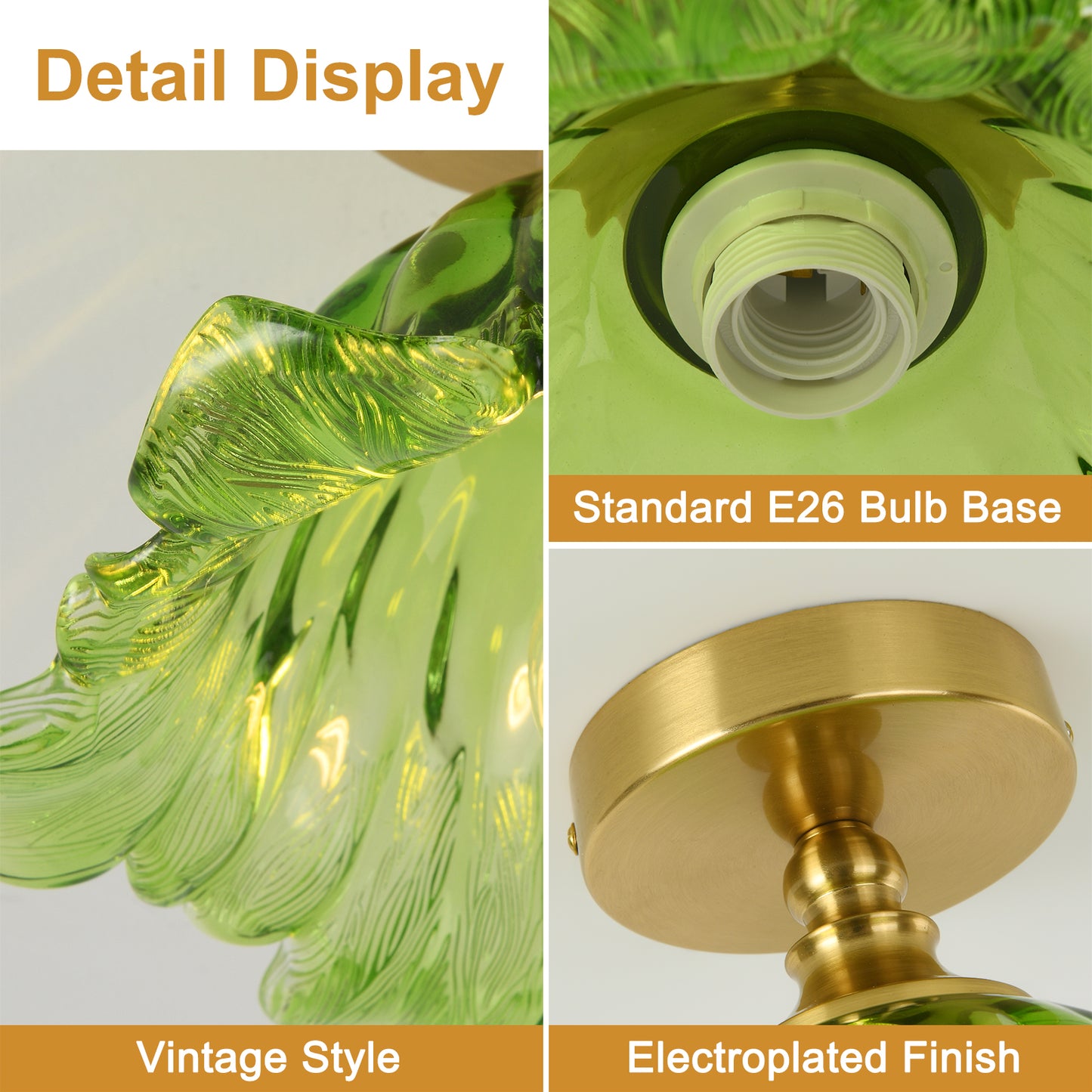 Pandaluna  关联视频下载 主图换背景 Semi Flush Mount Ceiling Light Fixture, 11in Green Glass Vintage Light Fixtures Ceiling for Hallway Kitchen Foyer Entryway Bedroom, E26 Base