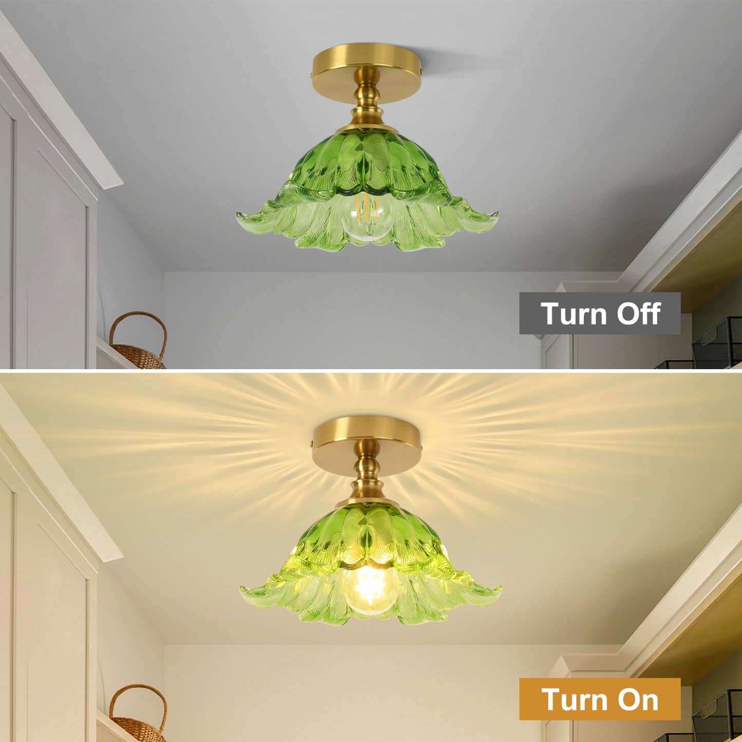 Pandaluna  关联视频下载 主图换背景 Semi Flush Mount Ceiling Light Fixture, 11in Green Glass Vintage Light Fixtures Ceiling for Hallway Kitchen Foyer Entryway Bedroom, E26 Base