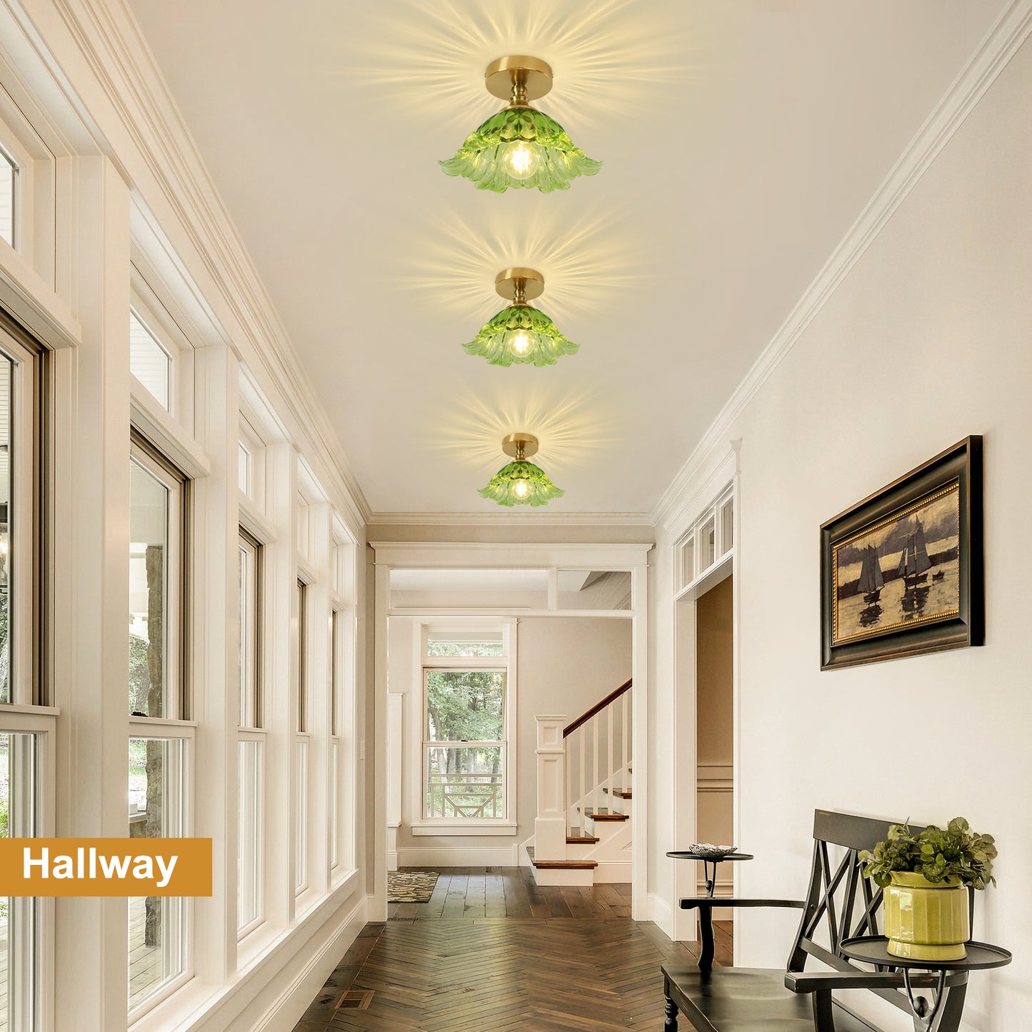 Pandaluna  关联视频下载 主图换背景 Semi Flush Mount Ceiling Light Fixture, 11in Green Glass Vintage Light Fixtures Ceiling for Hallway Kitchen Foyer Entryway Bedroom, E26 Base