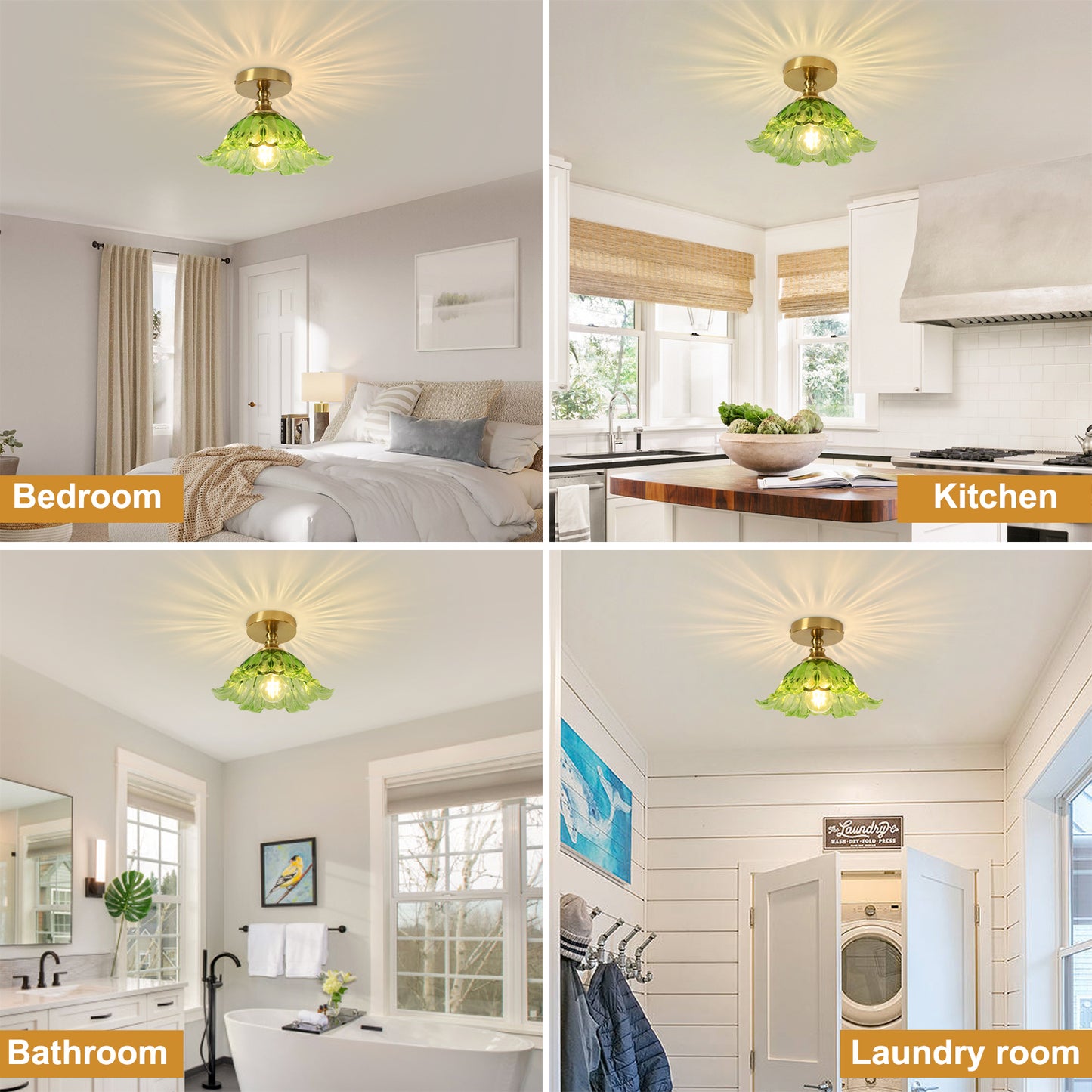 Pandaluna  关联视频下载 主图换背景 Semi Flush Mount Ceiling Light Fixture, 11in Green Glass Vintage Light Fixtures Ceiling for Hallway Kitchen Foyer Entryway Bedroom, E26 Base