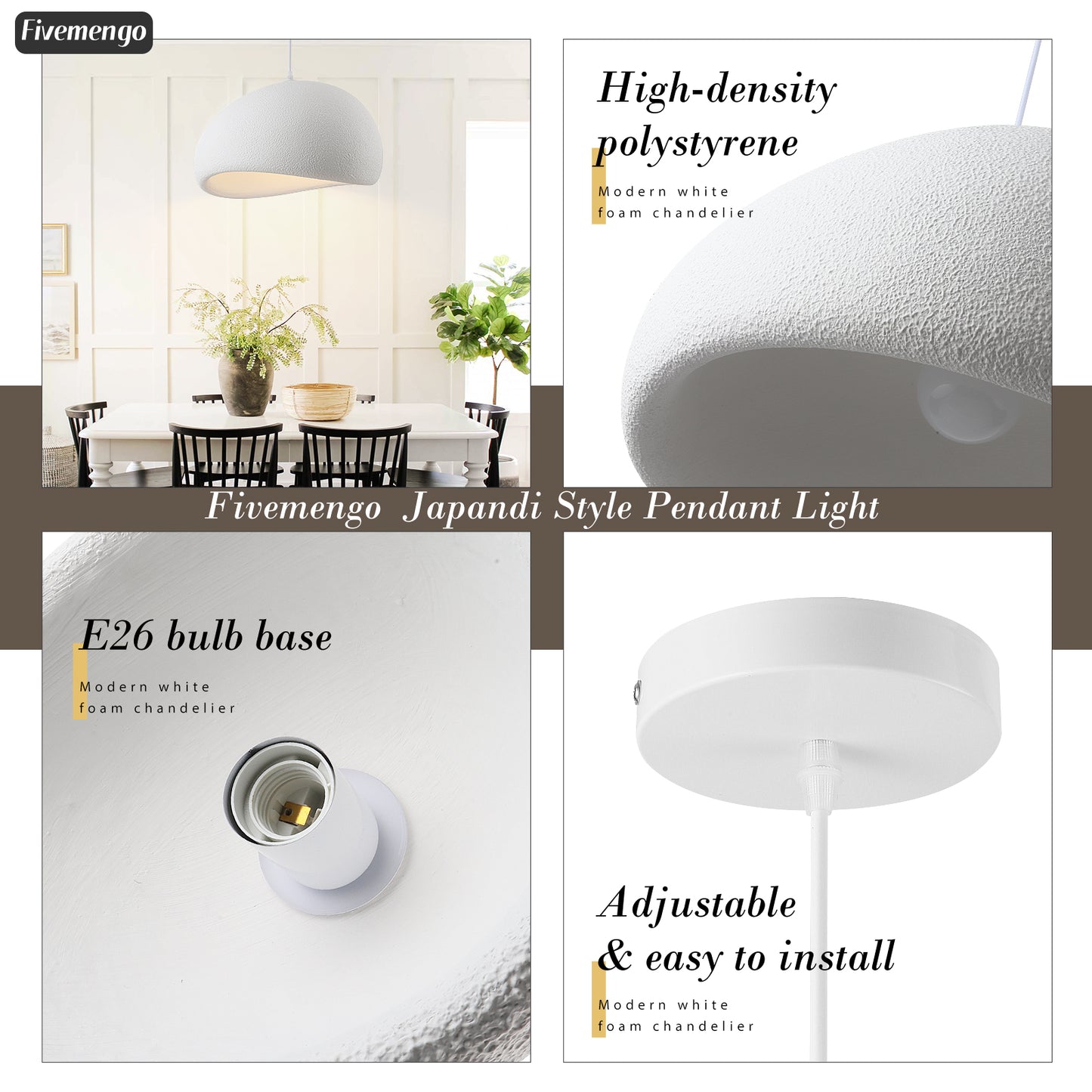 ‎Fivemengo 19.7in Wabi Sabi Pendant Lights Kitchen Island Lighting Fixture Ceiling Mount White Modern Japanese Lamp Japandi Chandelier for Dining Living Room Hallway Bedroom Restaurant Hanging Lamp