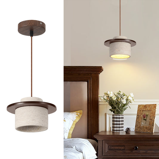 Fivemengo 1 Pack Wabi Sabi Pendant Light 7.9in Small Japandi Natural Travertine Stone & Wood Lampshade, Nordic Pendant Lighting Fixture for Kitchen Island Dining Room Bedroom Cafe (Bulb Included)