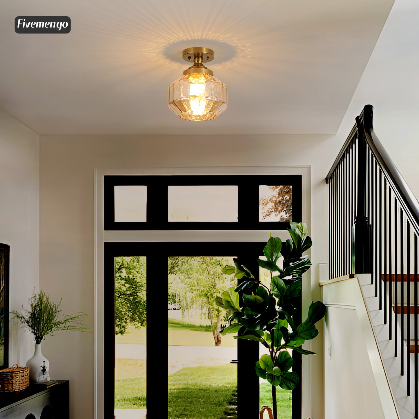 Fivemengo 9in Semi Flush Mount Ceiling Light Fixture, Small Vintage Striated Glass Kitchen Lighting Fixtures Ceiling Mount for Entryway Hallway Bedroom Dining Room Bathroom Foyer Laundry (Amber)