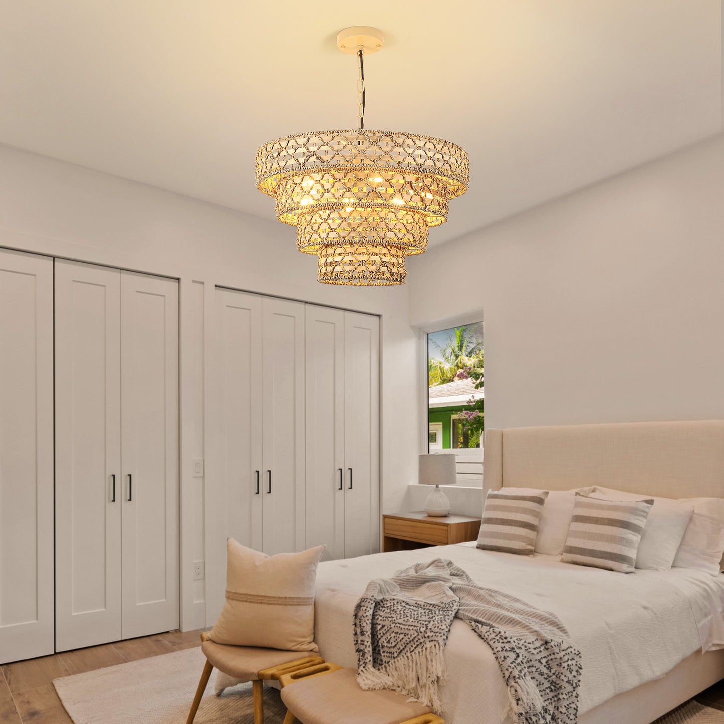 Fivemengo Rattan & Bamboo Chandelier, 6-Lights 19.7in Hand-Woven Pattern, Boho Pendant Light Kitchen Island Lighting Dining Room Light Fixtures Hanging Lamp for Living Bedroom Entryway Foyer, Beige