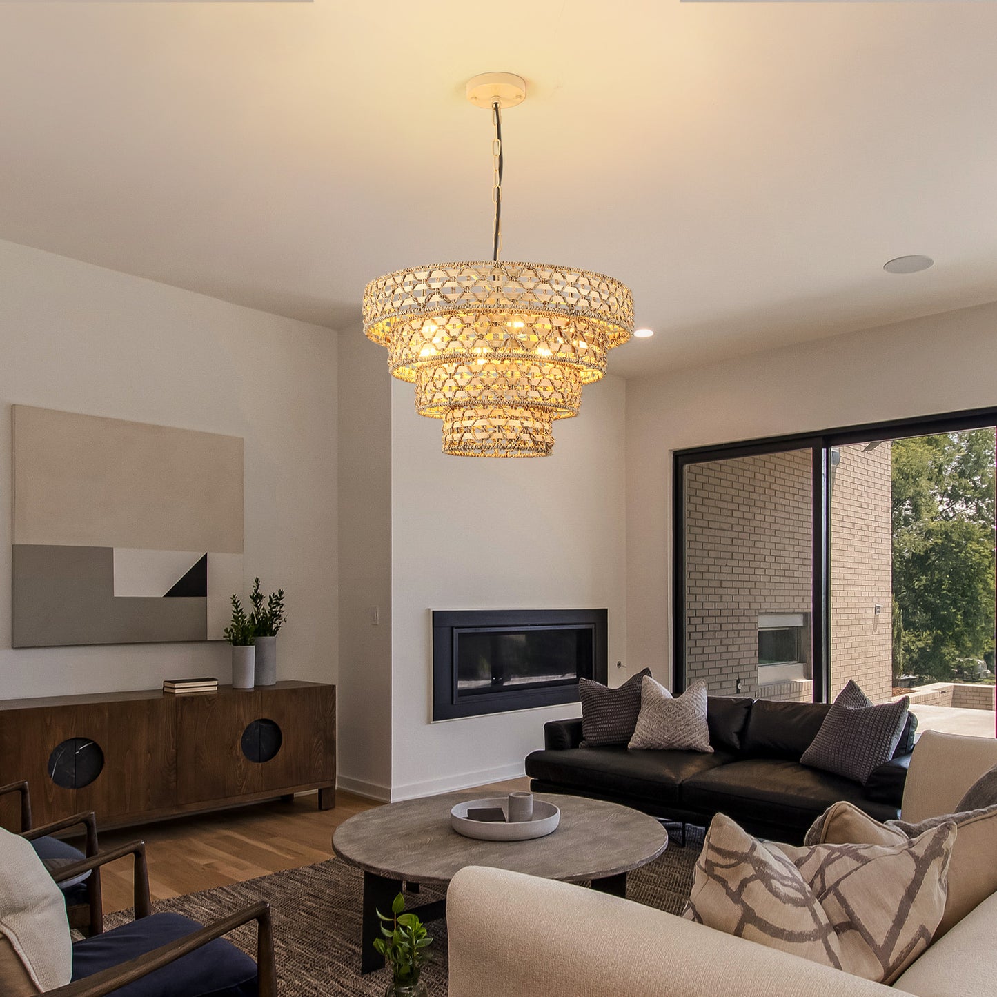 Fivemengo Rattan & Bamboo Chandelier, 6-Lights 19.7in Hand-Woven Pattern, Boho Pendant Light Kitchen Island Lighting Dining Room Light Fixtures Hanging Lamp for Living Bedroom Entryway Foyer, Beige