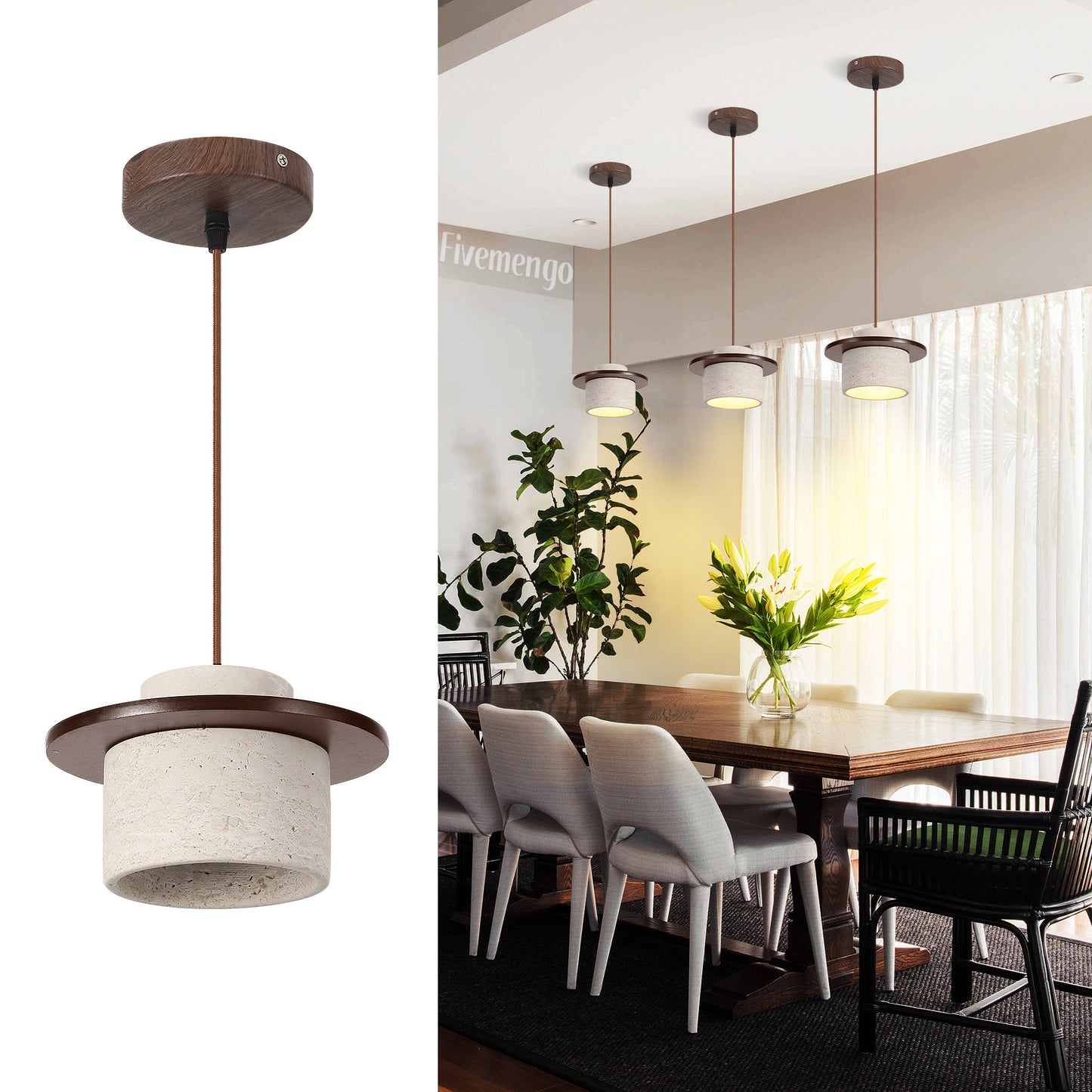 Fivemengo 1 Pack Wabi Sabi Pendant Light 7.9in Small Japandi Natural Travertine Stone & Wood Lampshade, Nordic Pendant Lighting Fixture for Kitchen Island Dining Room Bedroom Cafe (Bulb Included)