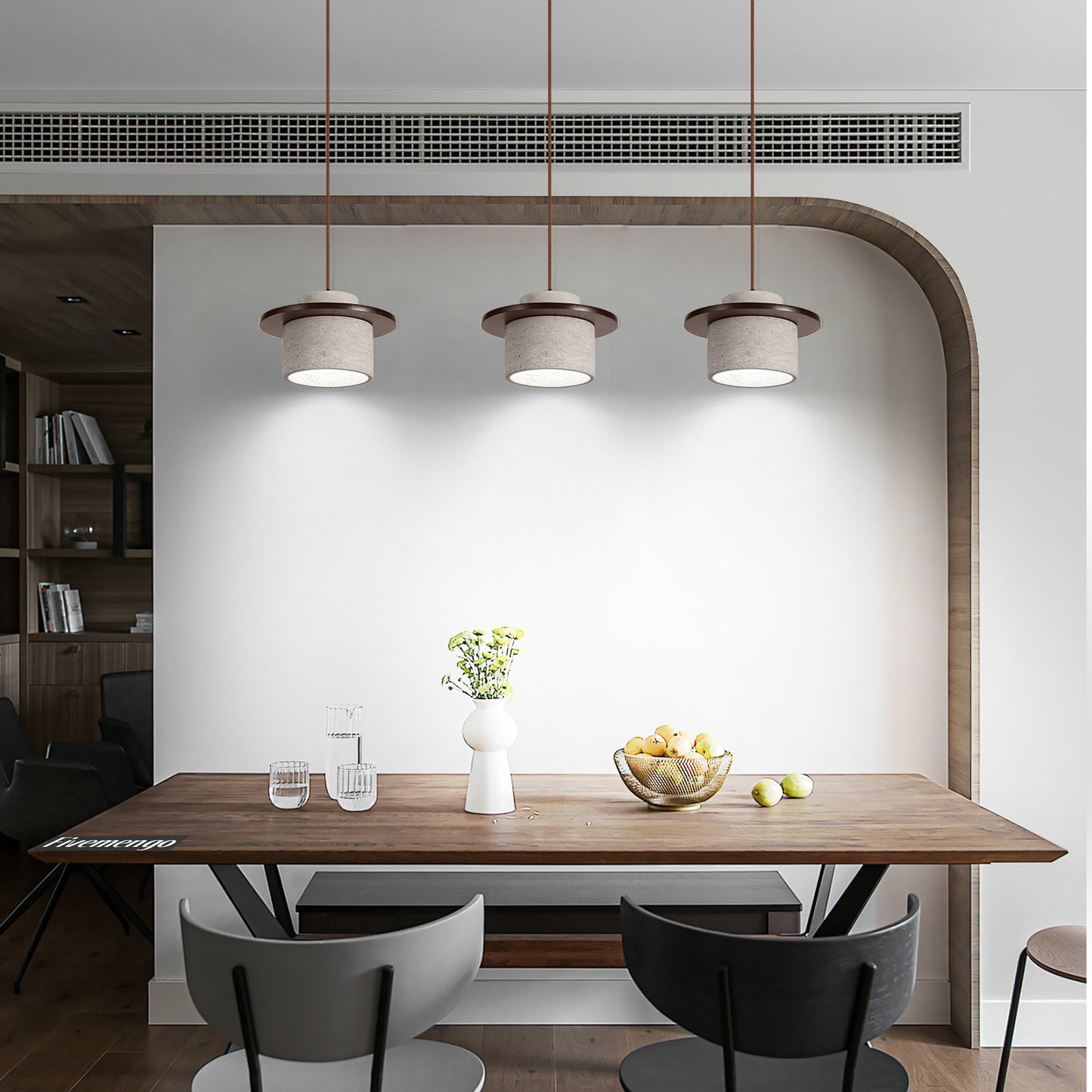 Fivemengo 1 Pack Wabi Sabi Pendant Light 7.9in Small Japandi Natural Travertine Stone & Wood Lampshade, Nordic Pendant Lighting Fixture for Kitchen Island Dining Room Bedroom Cafe (Bulb Included)