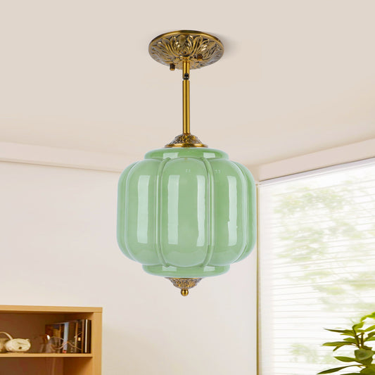 Pandaluna 9in Green Milk Glass Ceiling Light Fixture, LED Bulb Included, Vintage Semi Flush Mount Pendant Light Antique Brass Mid Century Art Deco Chandelier for Kitchen Dining Room Hallway Bedroom