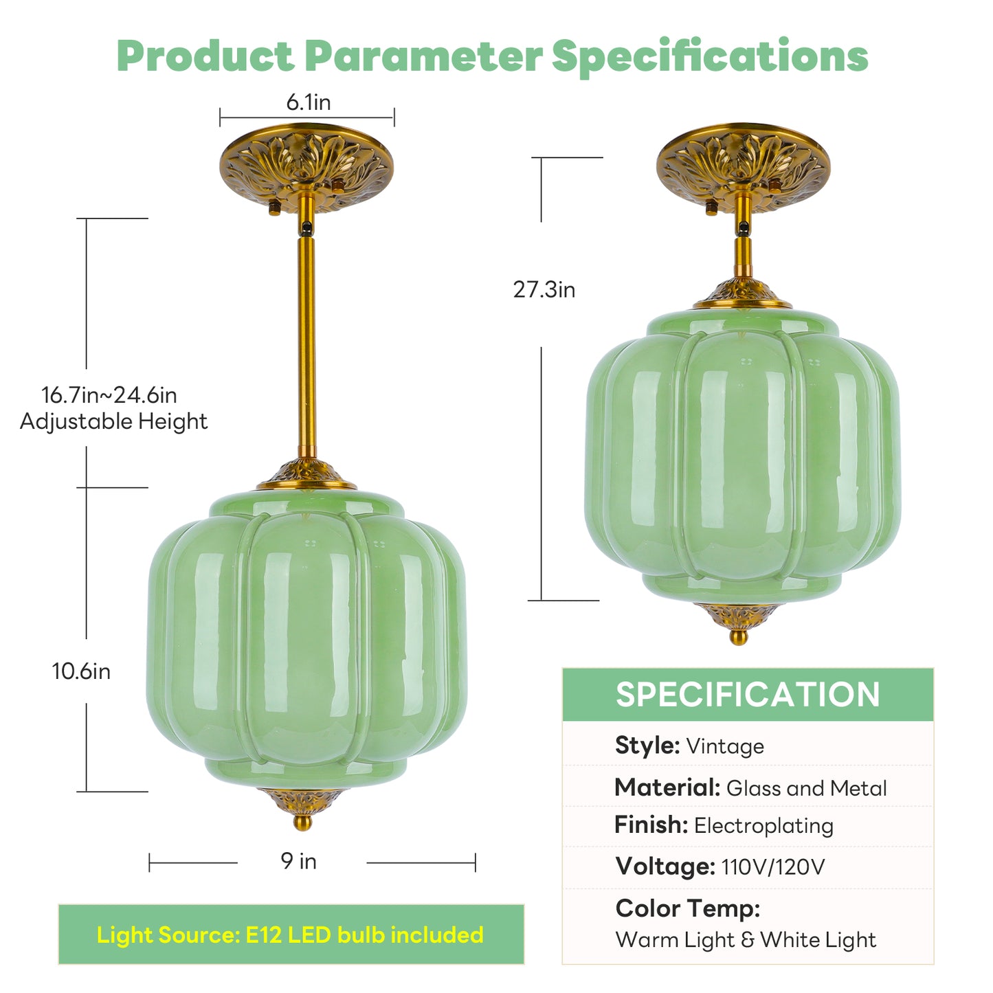 Pandaluna 9in Green Milk Glass Ceiling Light Fixture, LED Bulb Included, Vintage Semi Flush Mount Pendant Light Antique Brass Mid Century Art Deco Chandelier for Kitchen Dining Room Hallway Bedroom