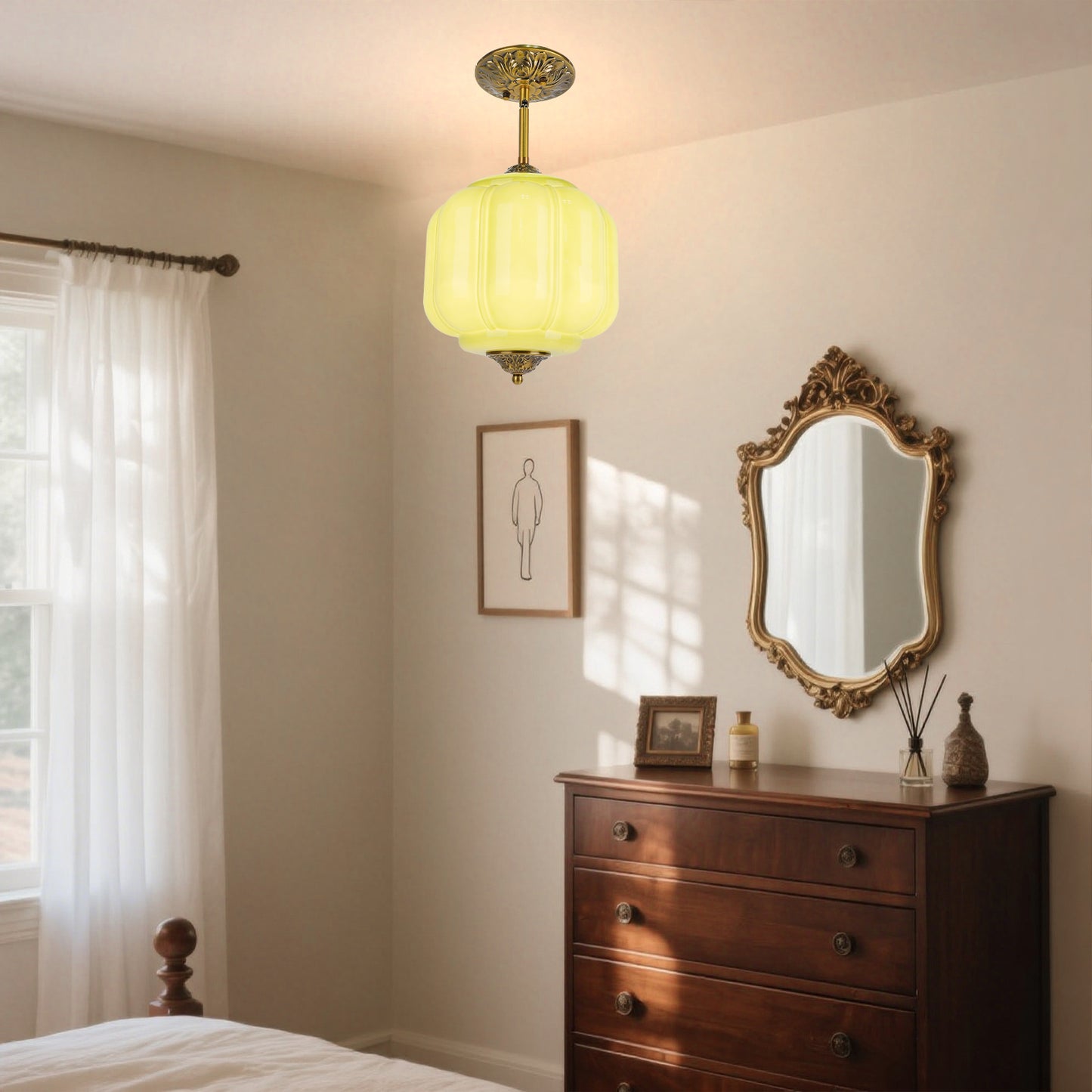 Pandaluna 9in Green Milk Glass Ceiling Light Fixture, LED Bulb Included, Vintage Semi Flush Mount Pendant Light Antique Brass Mid Century Art Deco Chandelier for Kitchen Dining Room Hallway Bedroom