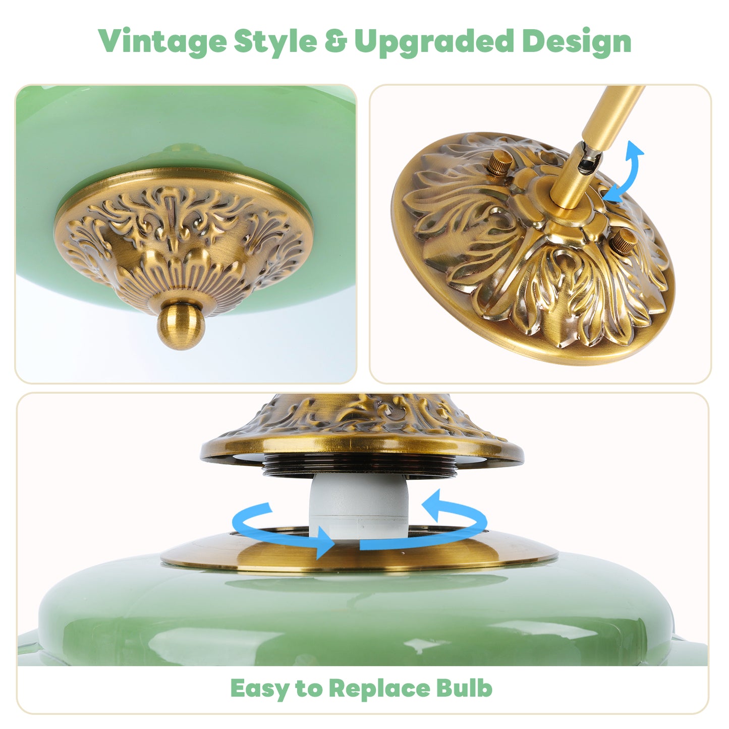 Pandaluna 9in Green Milk Glass Ceiling Light Fixture, LED Bulb Included, Vintage Semi Flush Mount Pendant Light Antique Brass Mid Century Art Deco Chandelier for Kitchen Dining Room Hallway Bedroom