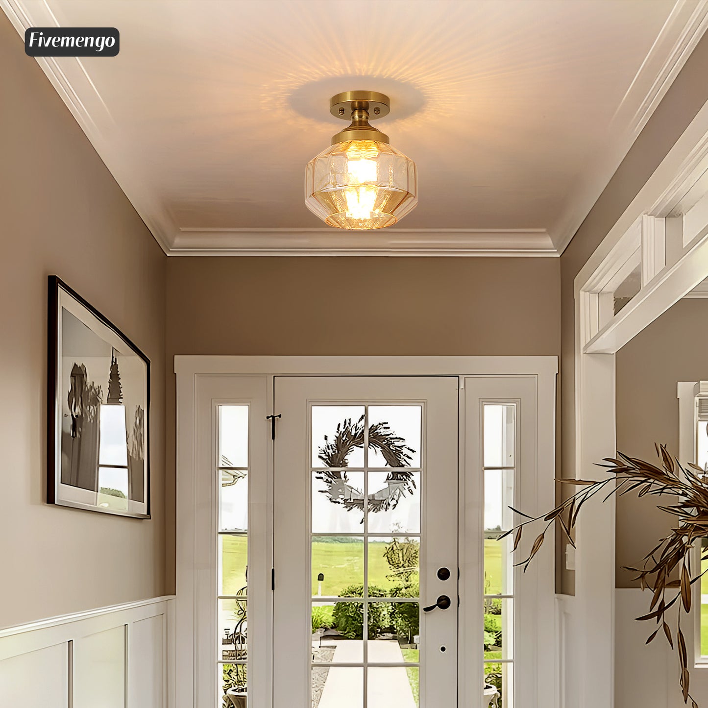 Fivemengo 9in Semi Flush Mount Ceiling Light Fixture, Small Vintage Striated Glass Kitchen Lighting Fixtures Ceiling Mount for Entryway Hallway Bedroom Dining Room Bathroom Foyer Laundry (Amber)