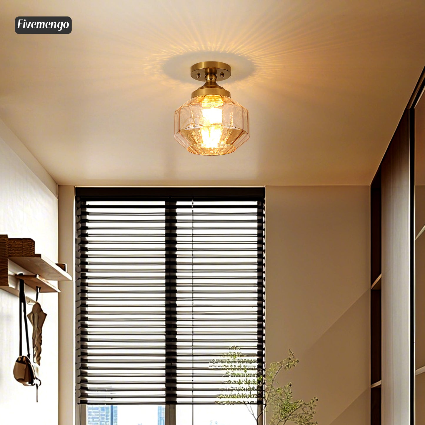 Fivemengo 9in Semi Flush Mount Ceiling Light Fixture, Small Vintage Striated Glass Kitchen Lighting Fixtures Ceiling Mount for Entryway Hallway Bedroom Dining Room Bathroom Foyer Laundry (Amber)