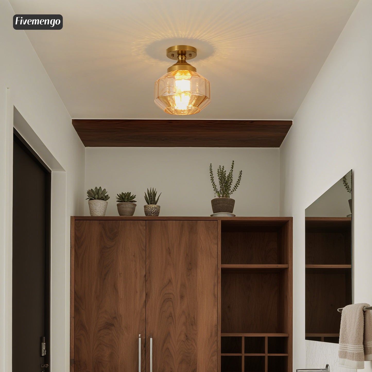 Fivemengo 9in Semi Flush Mount Ceiling Light Fixture, Small Vintage Striated Glass Kitchen Lighting Fixtures Ceiling Mount for Entryway Hallway Bedroom Dining Room Bathroom Foyer Laundry (Amber)