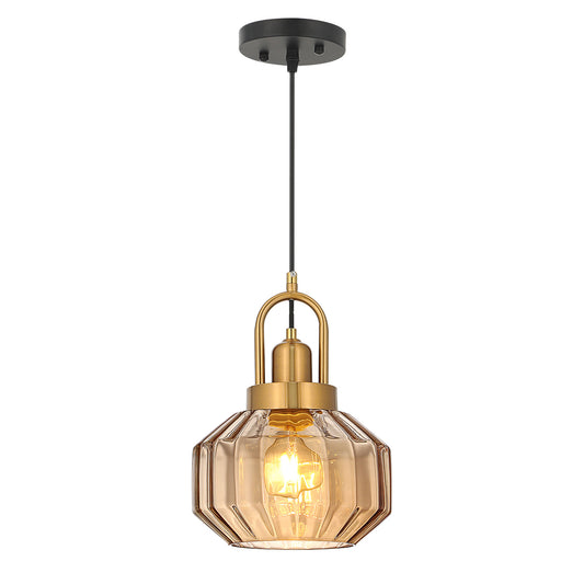 Fivemengo 9in Mid Century Modern Amber Glass Pendant Light Fixture Small Gold Globe Kitchen Island Pendant Light with Hand Blown Glass Ceiling Hanging Lamp for Foyer Dining Room Bedroom Entryway
