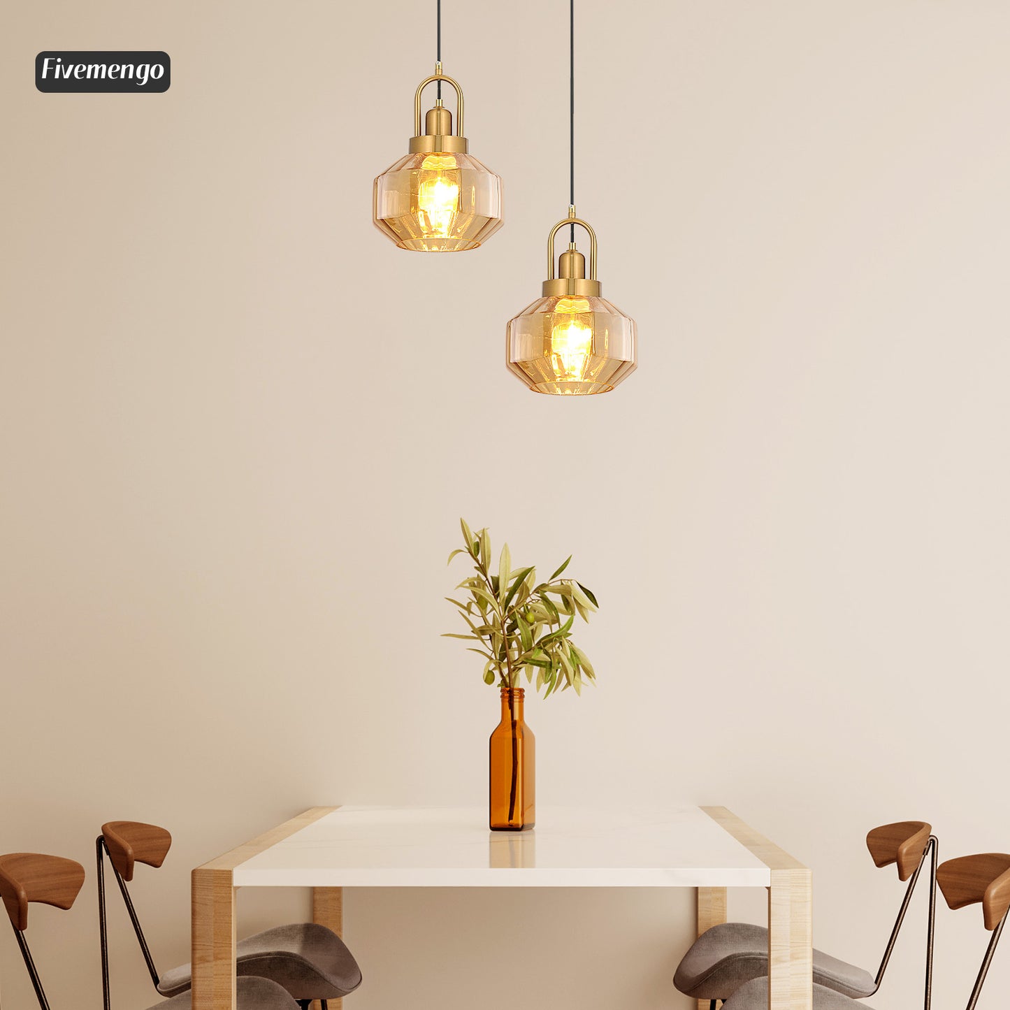 Fivemengo 9in Mid Century Modern Amber Glass Pendant Light Fixture Small Gold Globe Kitchen Island Pendant Light with Hand Blown Glass Ceiling Hanging Lamp for Foyer Dining Room Bedroom Entryway