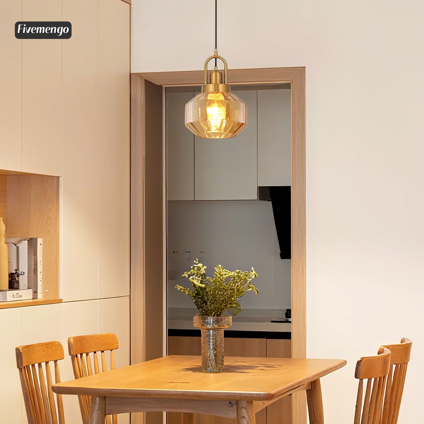 Fivemengo 9in Mid Century Modern Amber Glass Pendant Light Fixture Small Gold Globe Kitchen Island Pendant Light with Hand Blown Glass Ceiling Hanging Lamp for Foyer Dining Room Bedroom Entryway