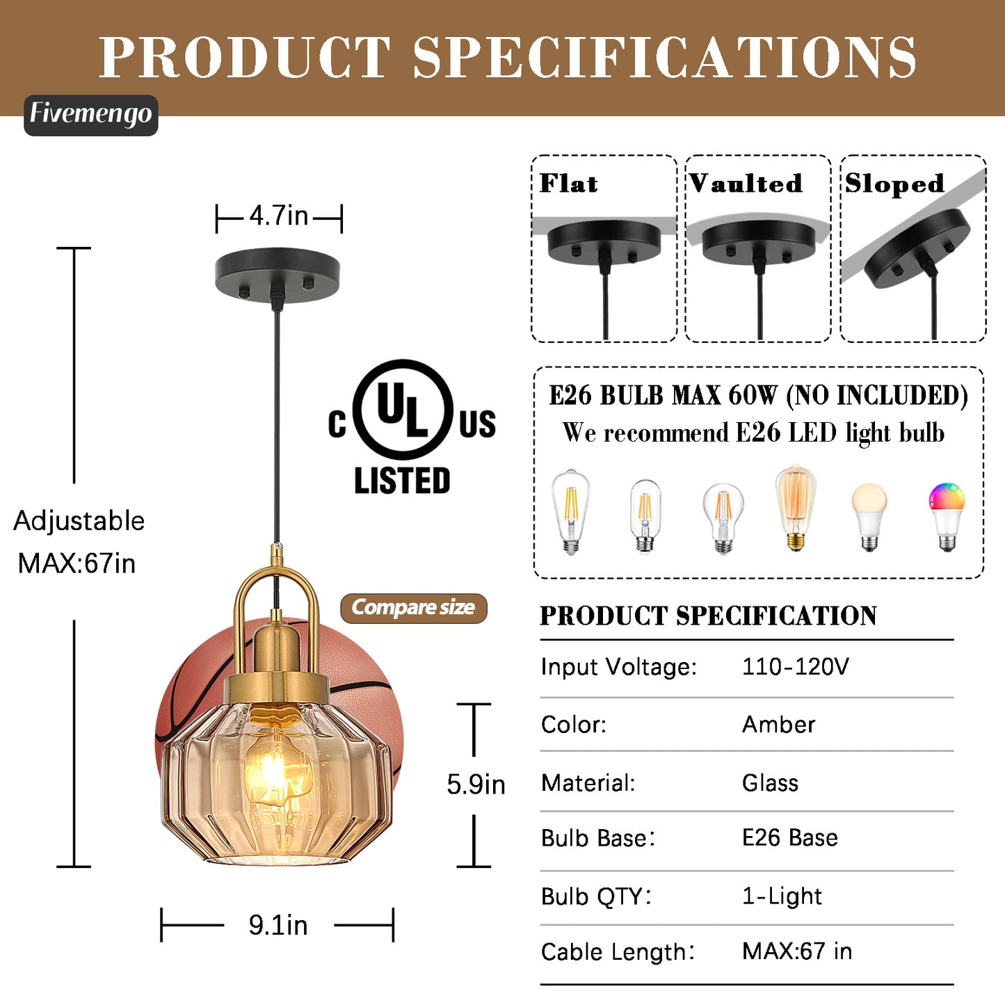 Fivemengo 9in Mid Century Modern Amber Glass Pendant Light Fixture Small Gold Globe Kitchen Island Pendant Light with Hand Blown Glass Ceiling Hanging Lamp for Foyer Dining Room Bedroom Entryway