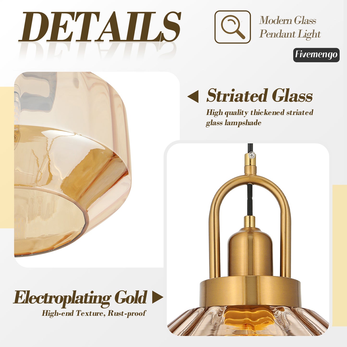 Fivemengo 9in Mid Century Modern Amber Glass Pendant Light Fixture Small Gold Globe Kitchen Island Pendant Light with Hand Blown Glass Ceiling Hanging Lamp for Foyer Dining Room Bedroom Entryway