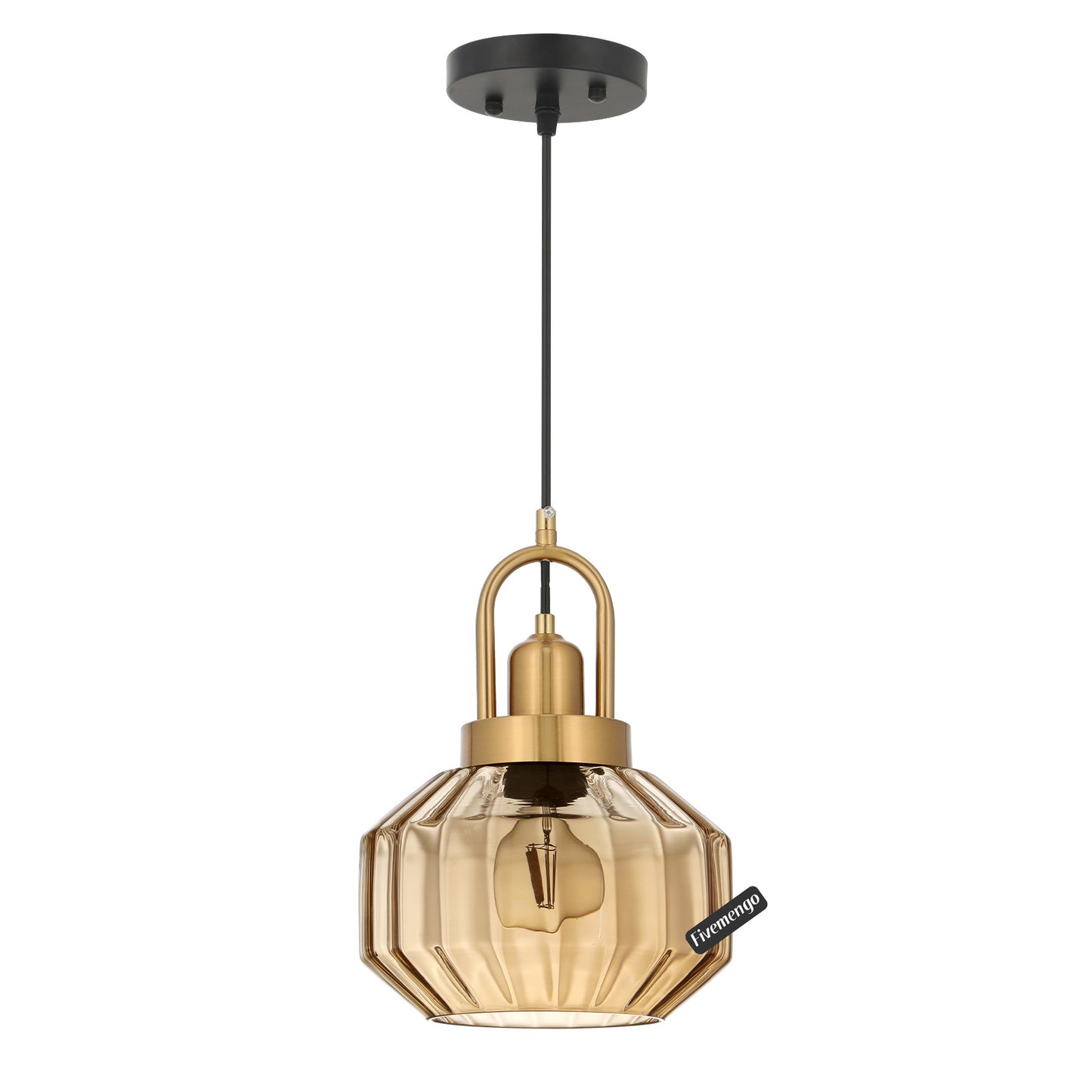 Fivemengo 9in Mid Century Modern Amber Glass Pendant Light Fixture Small Gold Globe Kitchen Island Pendant Light with Hand Blown Glass Ceiling Hanging Lamp for Foyer Dining Room Bedroom Entryway