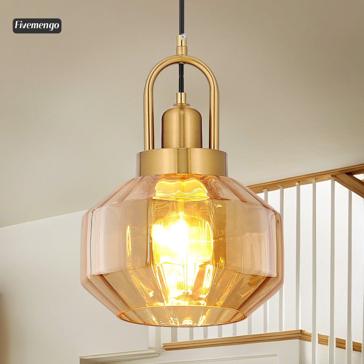 Fivemengo 9in Mid Century Modern Amber Glass Pendant Light Fixture Small Gold Globe Kitchen Island Pendant Light with Hand Blown Glass Ceiling Hanging Lamp for Foyer Dining Room Bedroom Entryway