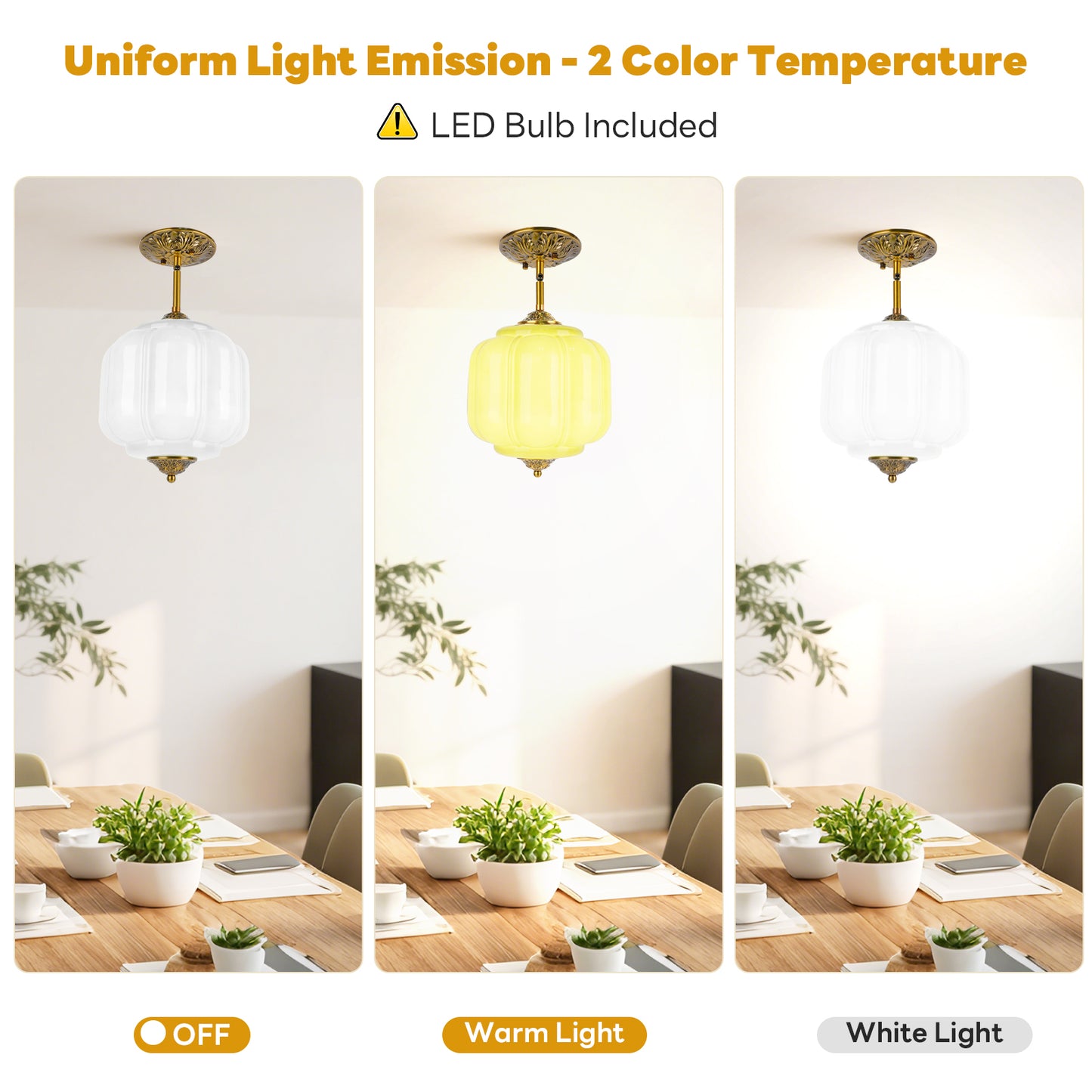 Pandaluna 9in White Milk Glass Ceiling Light Fixture, LED Bulb Included, Vintage Semi Flush Mount Pendant Light Antique Brass Mid Century Art Deco Chandelier for Kitchen Dining Room Hallway Bedroom